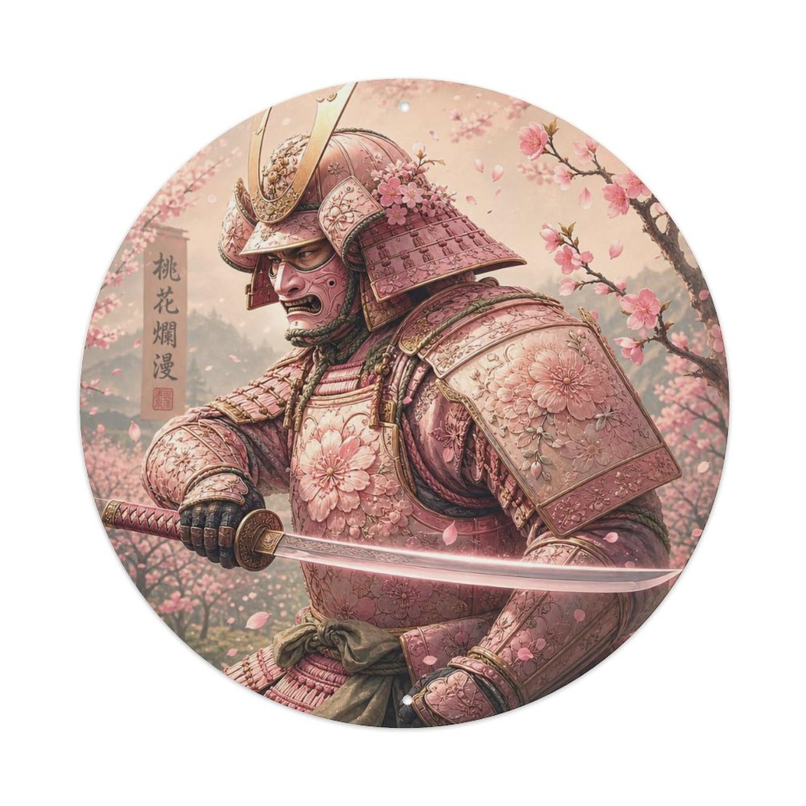 Samurai Warrior Peach Blossom Horizontal Sweep Ready Vintage Metal Tin Sign Plaque Wall Decor for Cafe, Club Bar, Office, Garden Metal Poster 8x8Inch