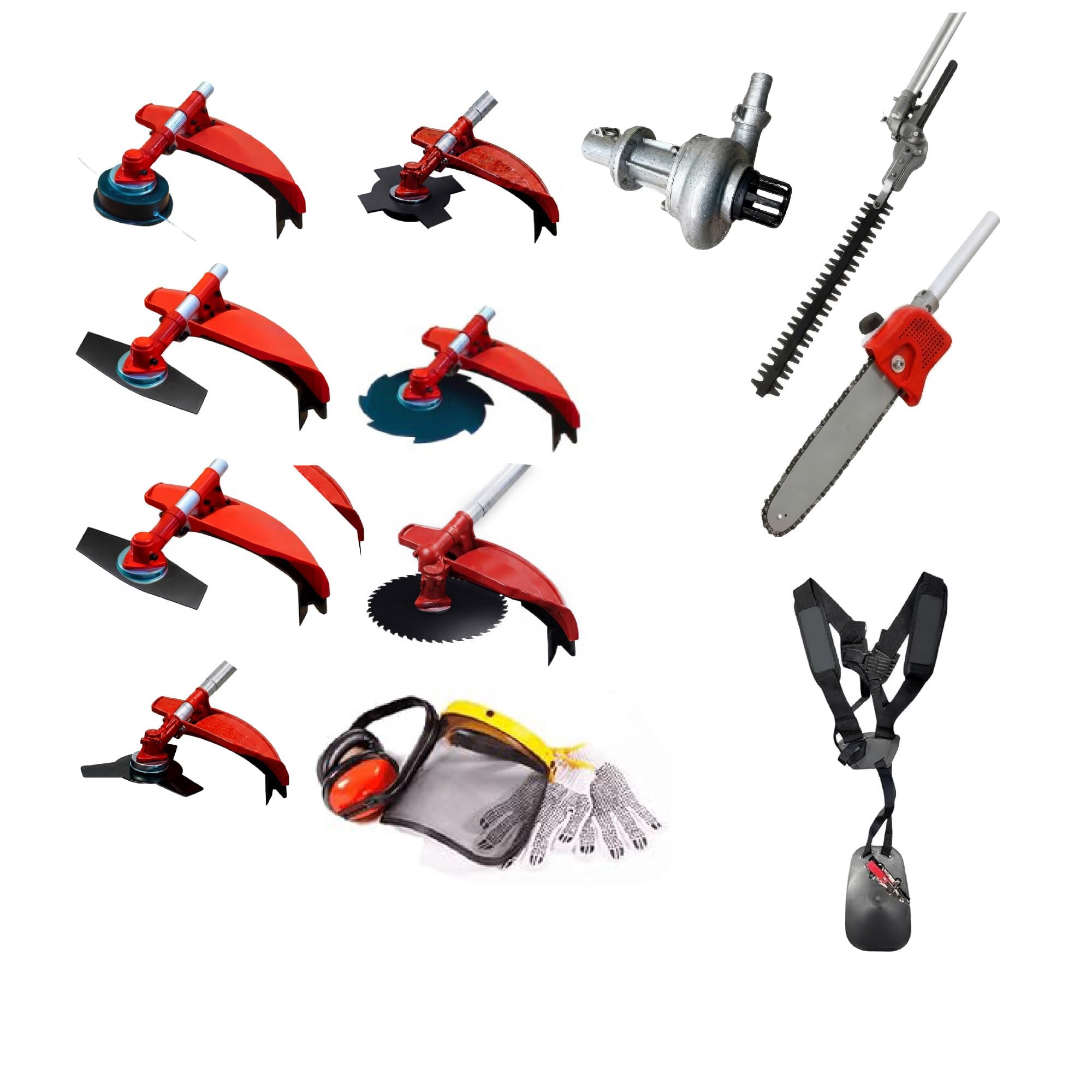 Synergy Desbrozadora Multifunción Gasolina 10 en 1 65cc 4,9cv Motor 2 Tiempos, con Bomba de Agua, Cortasetos, Podadora, Kit de protección, 6 Discos y Cabezal Automático y Arnés Profesional