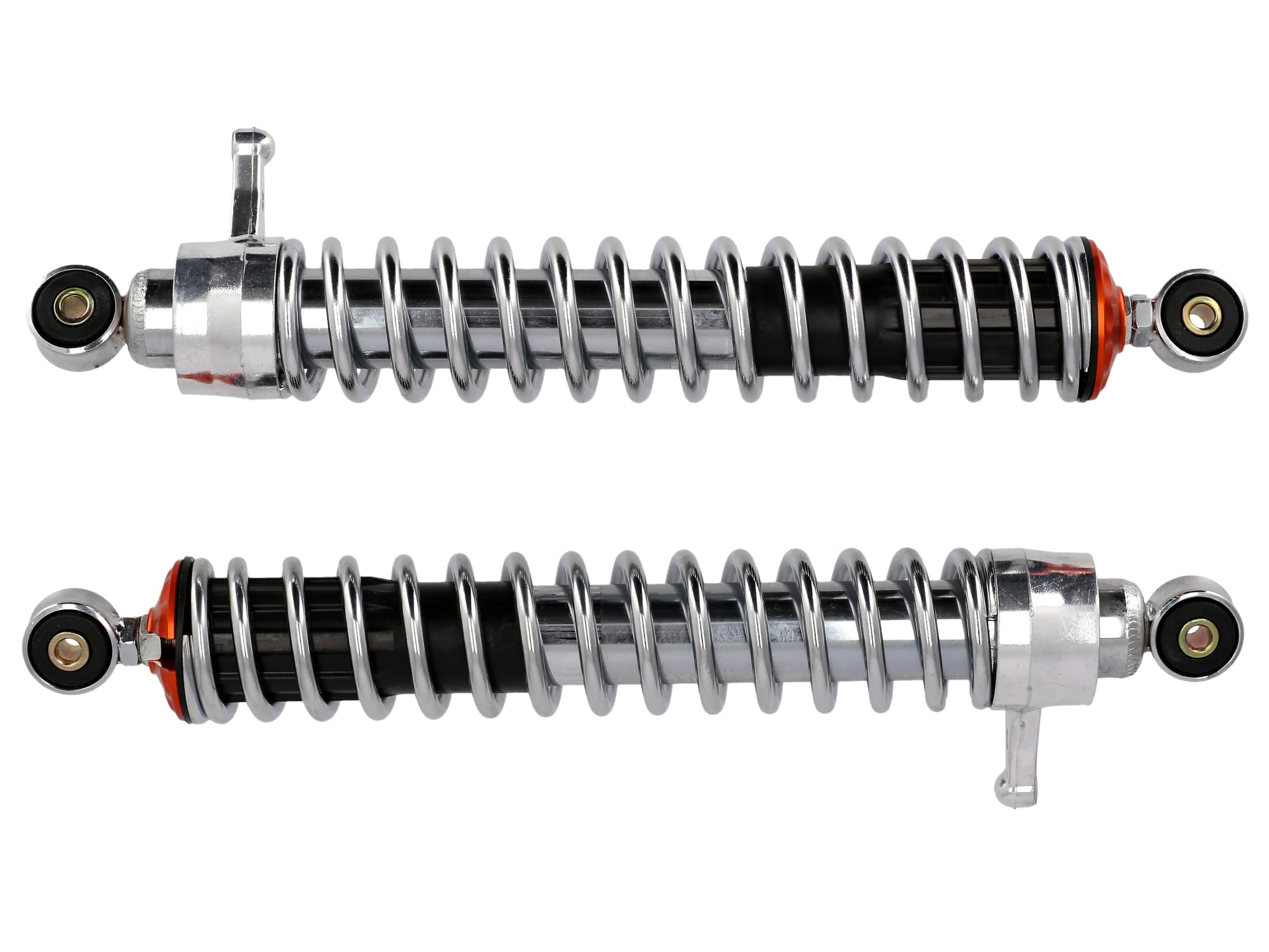 Set: Federbeine 380mm "Sport Optik" Orange, Chromfeder, verstellbar - für Simson S50, S51, S70, S53, S83 Enduro