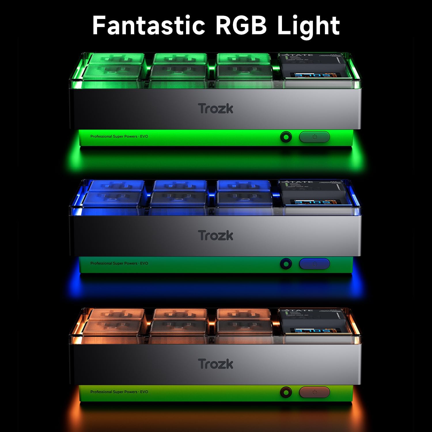 The TROZK power strip displaying various RGB lighting colors: green, blue, and orange, highlighting its customizable aesthetic.
