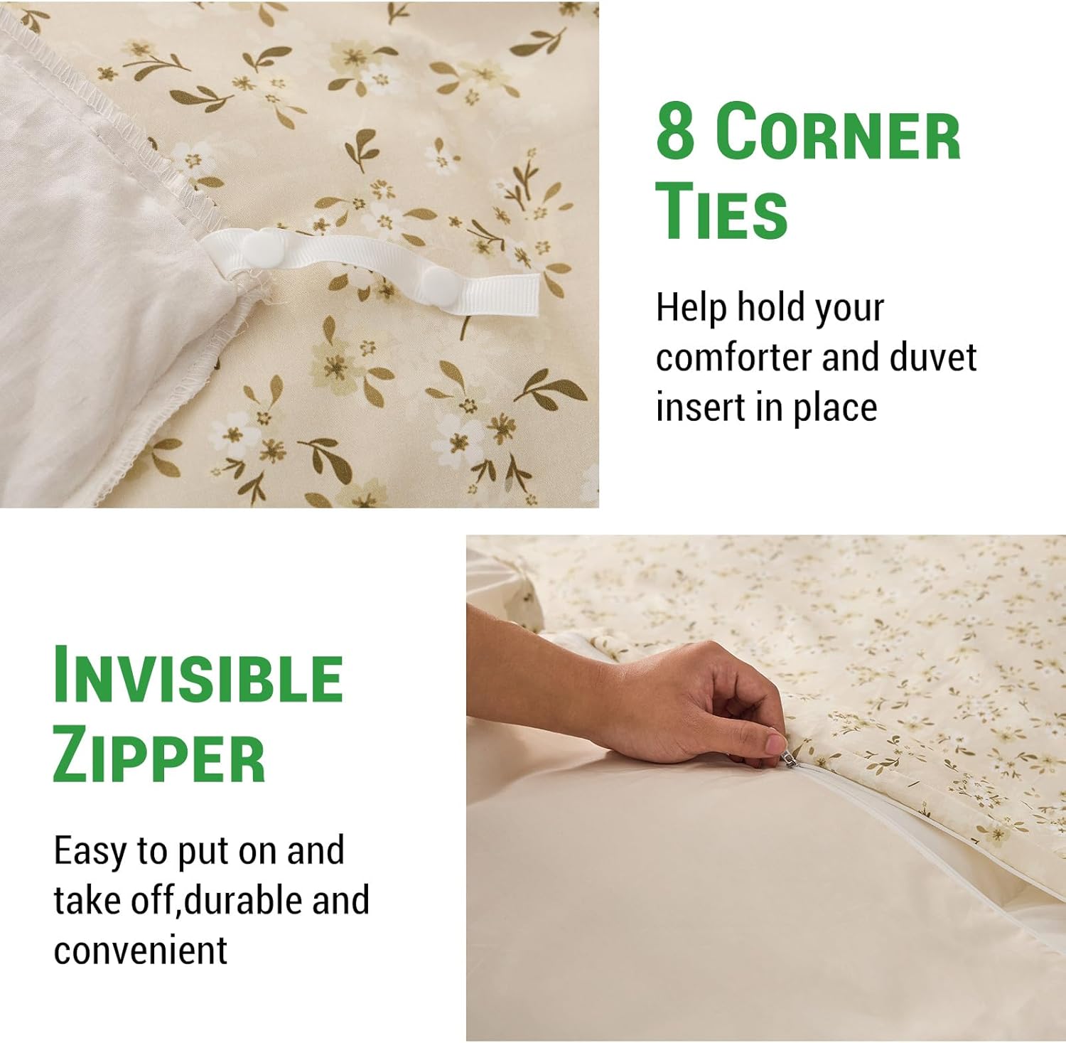 Gogreen 100% Cotton Queen Duvet Cover Set - 3 Piece Soft Breathable Bedding Set, All Season Comforter Cover with Zipper Closure & Corner Buttons, Includes 2 Pillowcases (Beige Floral, Queen Size)