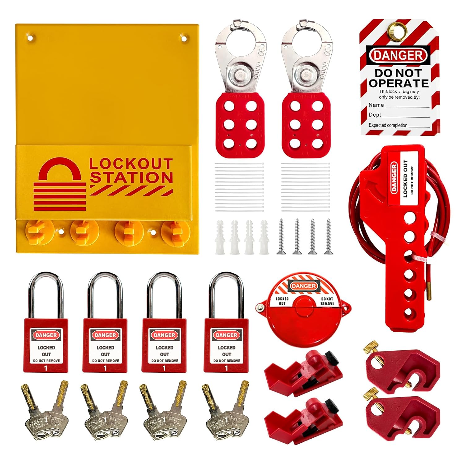 Lockout Tagout Station, 53 Pack Electrical Security Lock Kit with Steel Safety Lockout Padlocks Lock Shackle Safety Tagscable Lockout