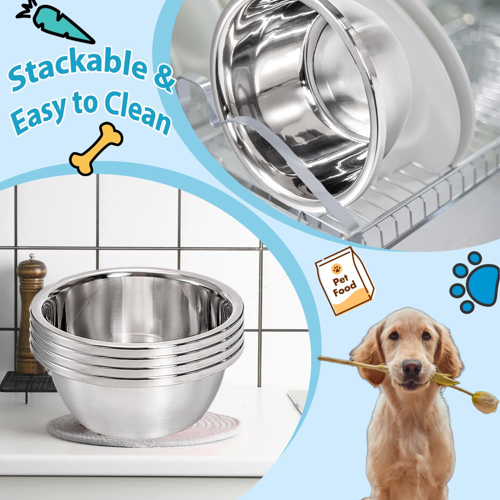 WRINGKIT Paquete de 10 cuencos de acero inoxidable para perros y gatos de 7 tazas, cuenco de metal de 8 pulgadas de diámetro, cuencos de repuesto gruesos duraderos para comida y agua, perros pequeños