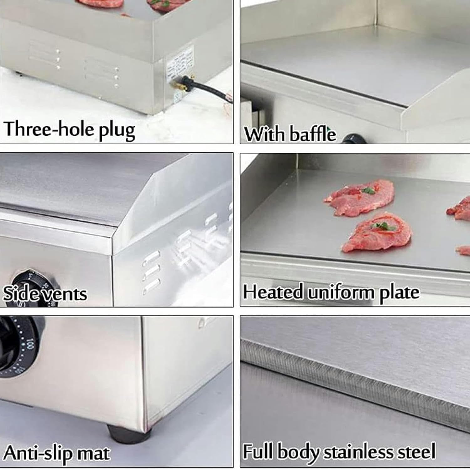 22'' Non-Stick Electric Countertop Flat Griddle/ 110V3000W Stainless Steel Commercial Teppanyaki Grill, Adjustable Temperature Control 122°F-572°F