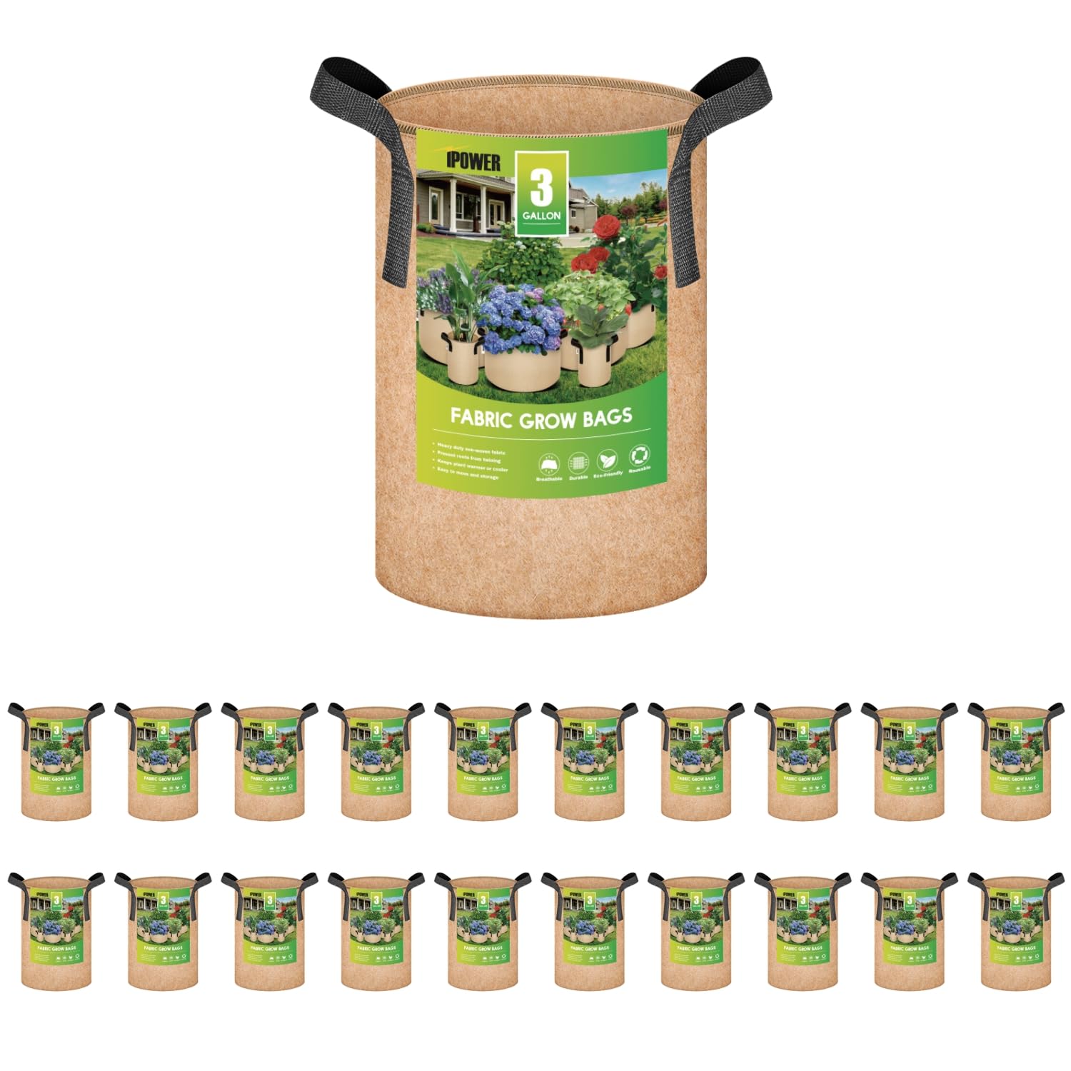 iPower 20-Pack 3 Gallon Grow Bags 300G Thick Nonwoven Aeration Fabric Pots Heavy Duty Plant Containers with Handles for Garden Planting, Tan