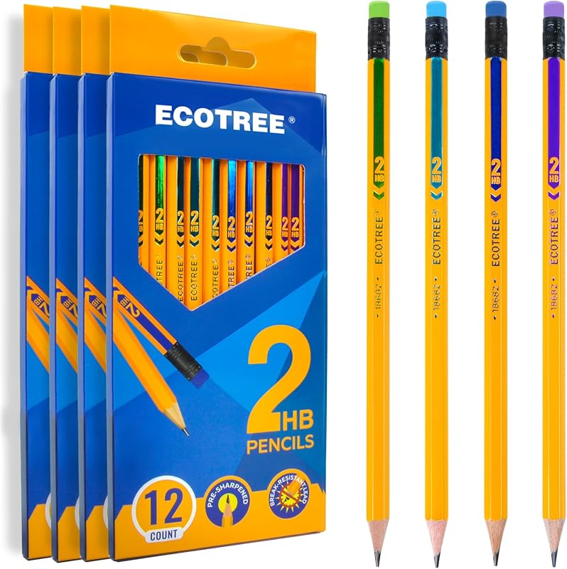 ECOTREE Pre-Sharpened #2 HB Pencils Bulk, Back to School Supplies, 48 Count | Wood-Cased Number 2 Pencils for Kids Students, Latex-Free Eraser, Smooth Writing, Drawing, Teachers Classroom Supplies