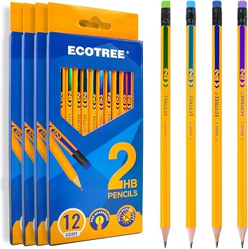 ECOTREE Pre-Sharpened Pencils #2 HB, Wood-Cased Number 2 Pencils with Erasers for Writing, Drawing, Sketching, Yellow Pencil Bulk for School Supplies, 48 Count