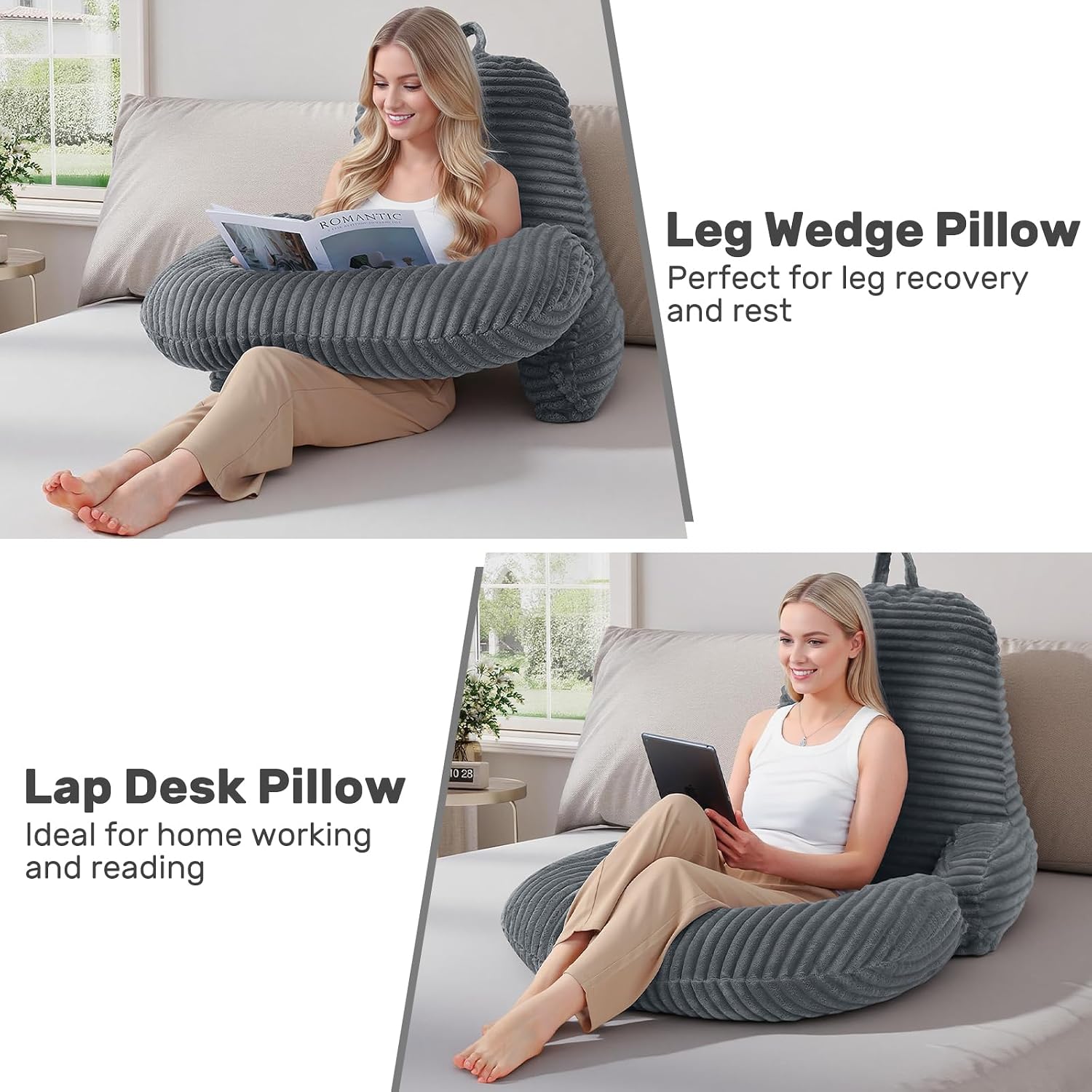 Reading Pillow for Bed, Backrest Pillow with Arms for Adult | Bed Pillow for Sitting Up, Back Support Pillows for Sleeping, Reading and Gaming with Shredded Memory Foam, Gray
