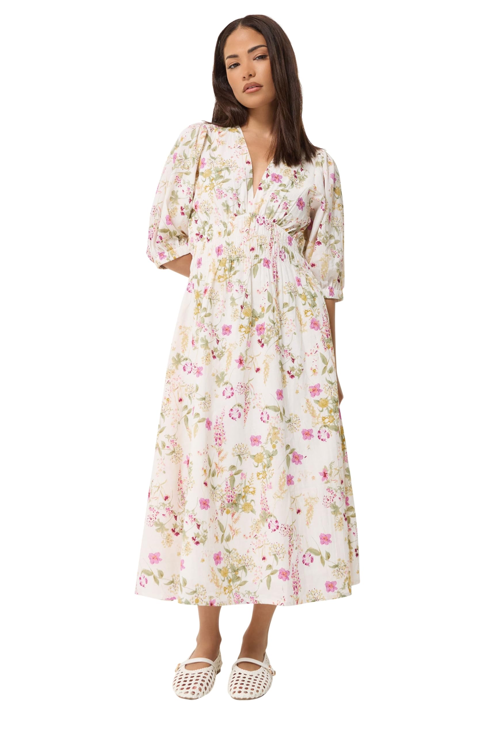 Pixiegirl Women's Ivory Petite Floral Midi Tea Dress In | Size: 10