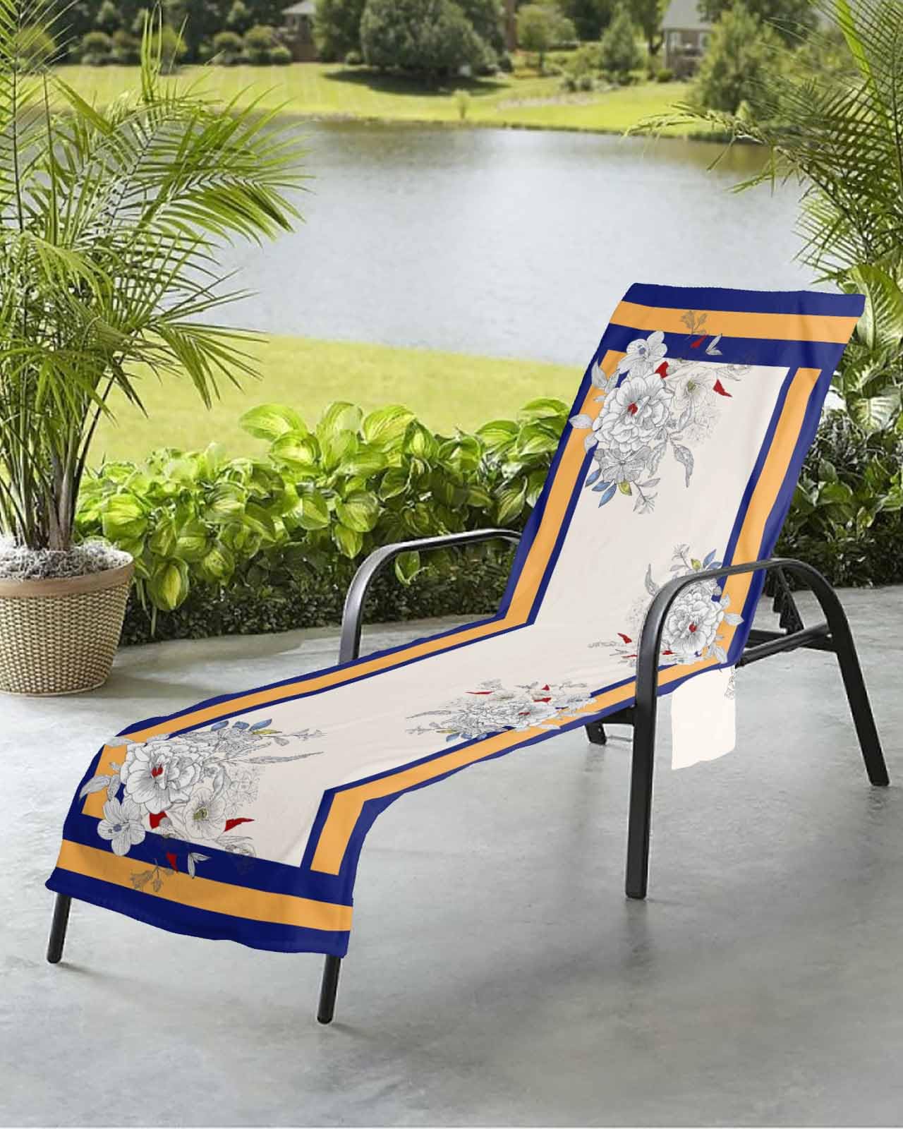 Bohemia Floral Beach Chair Towel Covers for Chaise Lounge with Side Pocket, Soft Plush Pool Towels Cover for Patio Sunbathing Outdoor 29''x85'' Orange Navy Blue Stripes Botanical