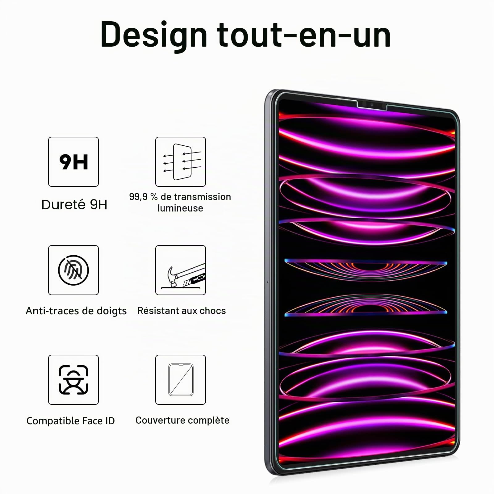 JETech Protection D'écran pour iPad Pro 12,9 Pouces, 2022/2021/2020 (6e/5e/4e Génération) avec Protection d'Objectif de Caméra Arrière, Film Verre Trempé HD, 2 Pièces Chacun