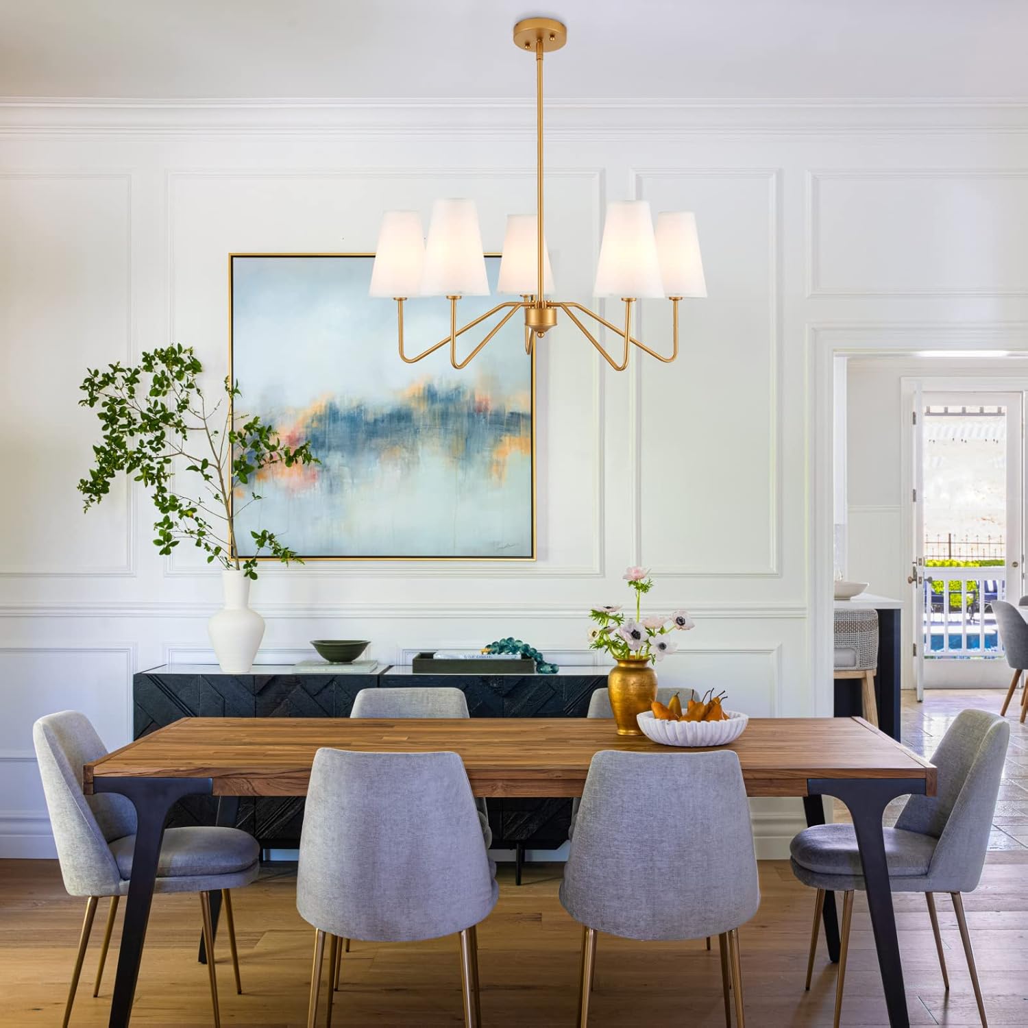 Modern Antique Brass Brush Paint Finish Chandelier, with Creamy-White Fabric Shade Pendant Lighting Fixture for Dining Room Living Room Kitchen Island Bedroom 5-Light
