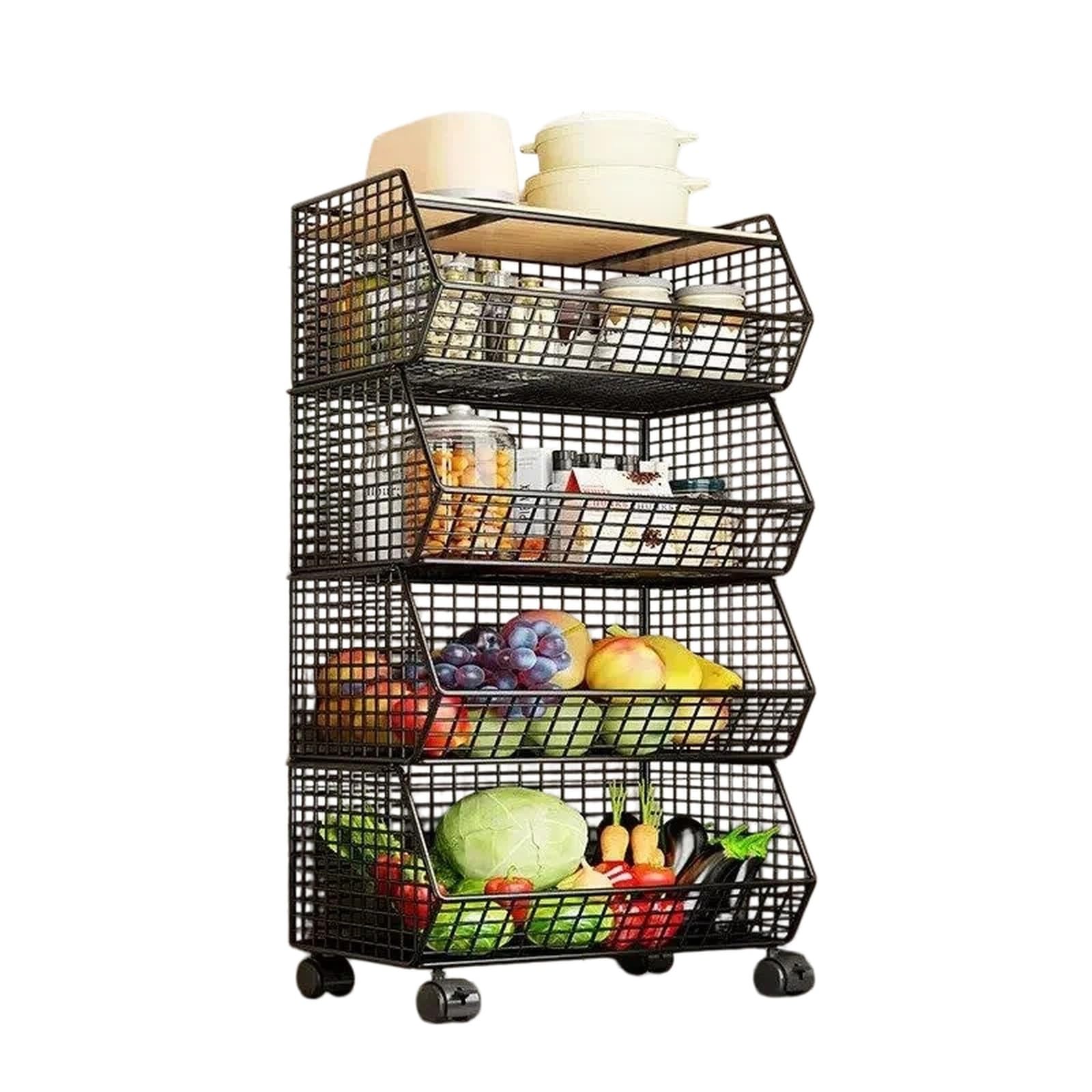 ZYYANSHOP Kitchen Storage Cart 4-Tier Rolling Storage Cart Movable Vegetable Basket and Toy Organizer Shelf(Black)
