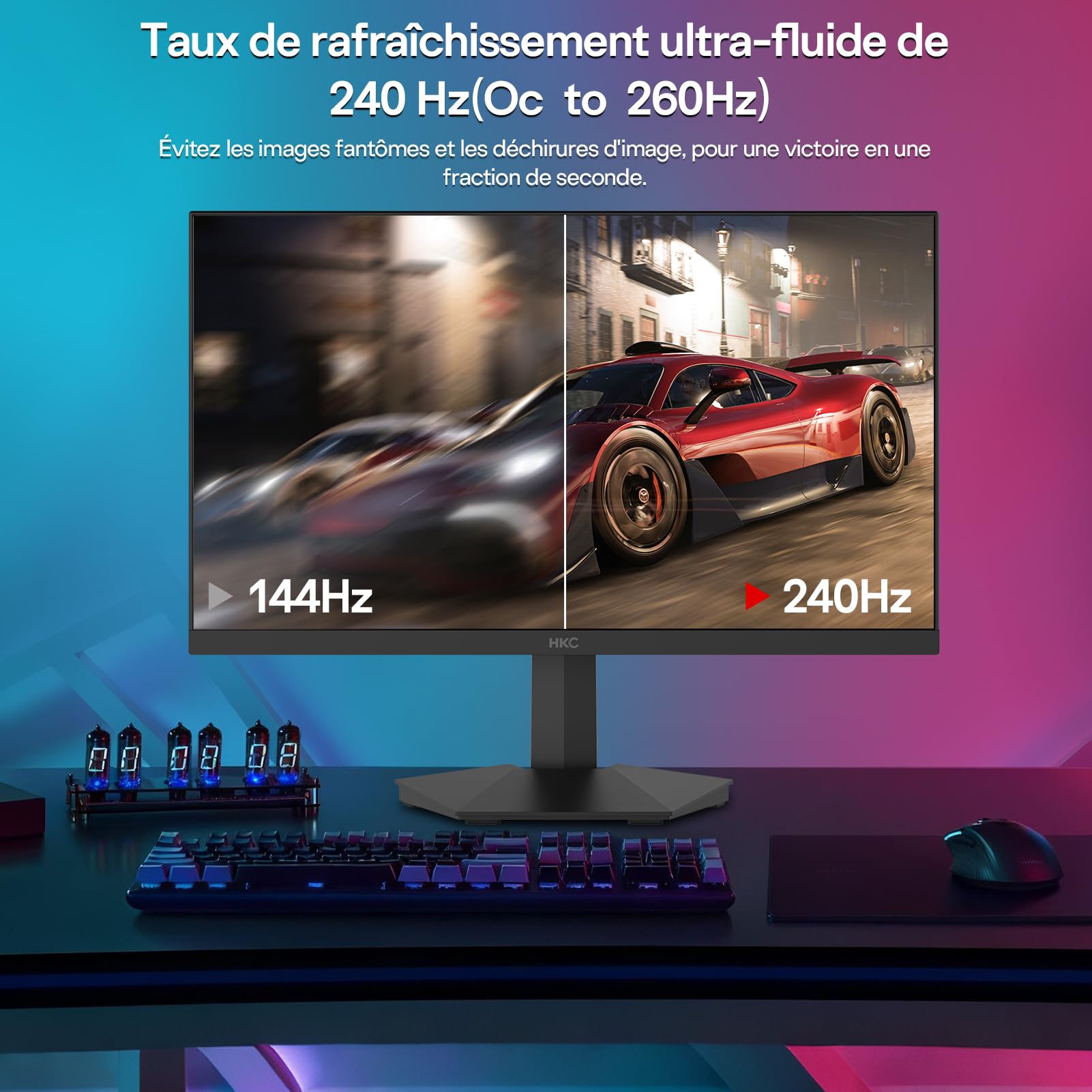 HKC 24-calowy monitor gier, Full HD (1920 × 1080), 240 Hz Fast IPS, 1ms, HDR400, 90% DCI-P3, do 260 Hz z możliwością podkręcenia, VESA 100 × 100, filtr niebieskiego światła, HDMI 2.0 i DisplayPort 1.4
