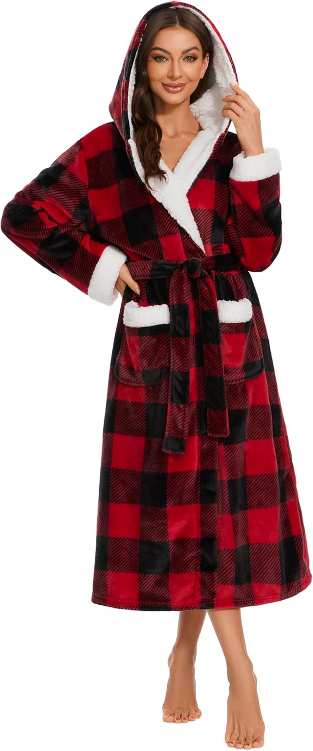iniber Plush Robes for Women, Womens Robe Long, Fuzzy Fluffy Soft Warm Fleece Hooded Bathrobe - Image 2