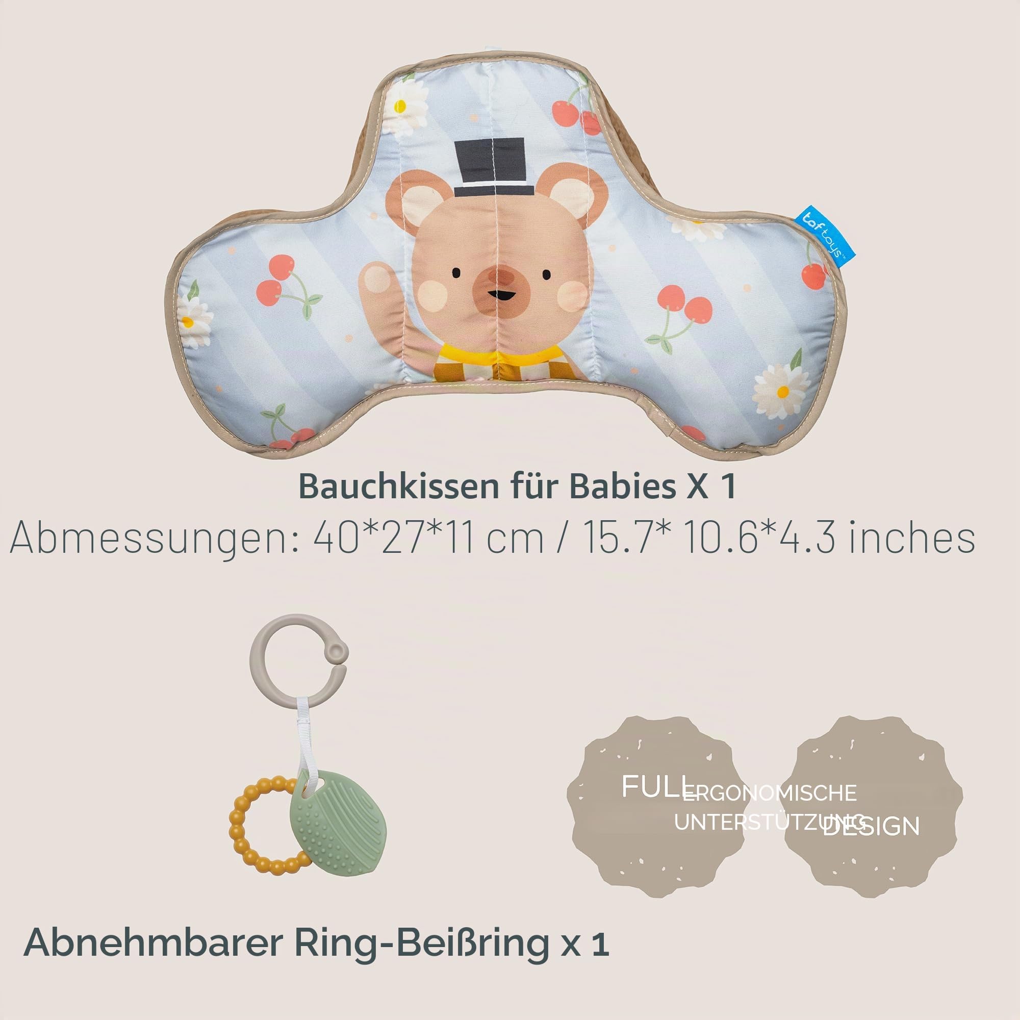 Tummy Time Babykissen Bär – Bauchmuskelkissen mit 2 abnehmbaren Spielzeugen – Entwicklung der motorischen Fähigkeiten und Nackenmuskeln – ab der Geburt – 40 x 27 x 11 cm – 13715
