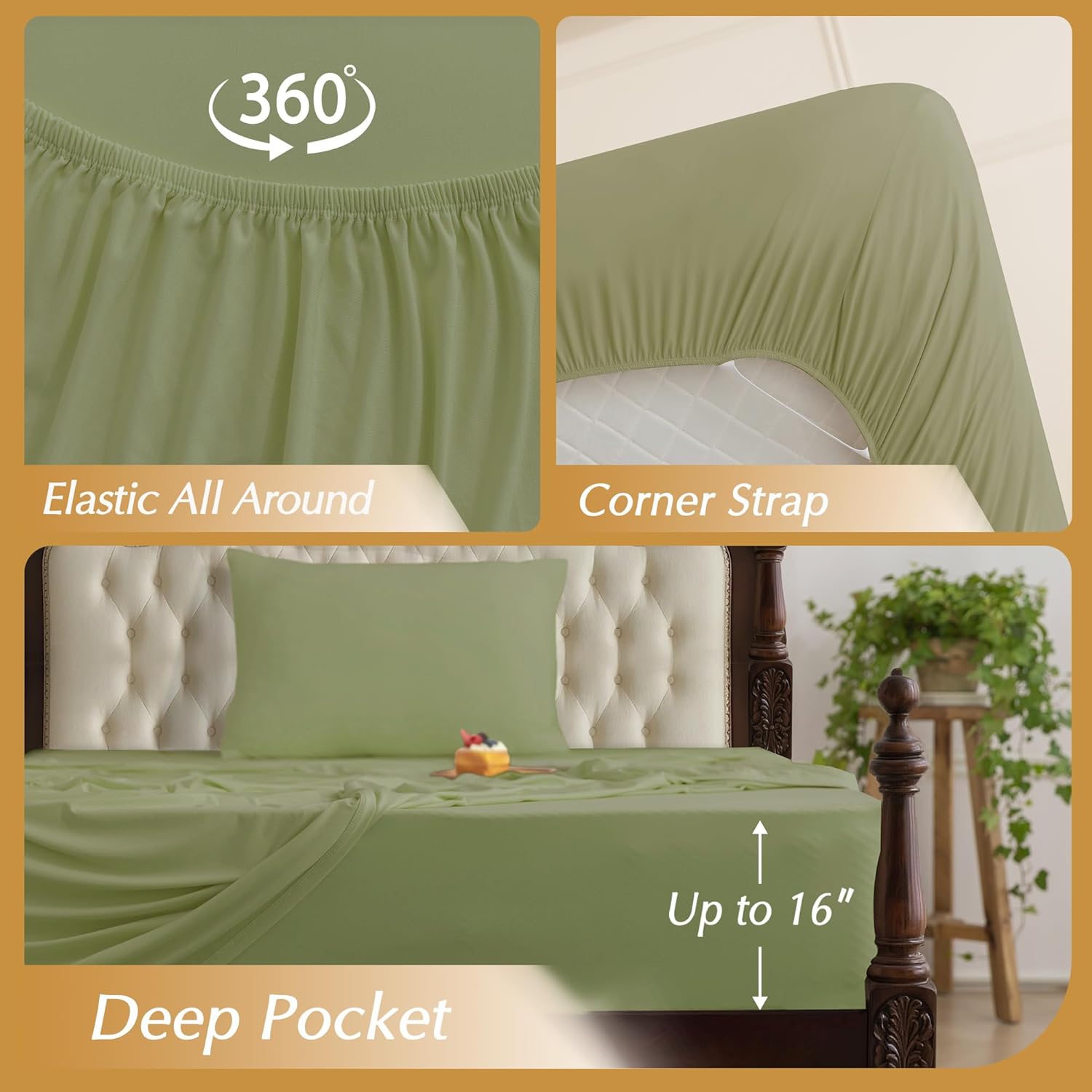 N&Y HOME StretchSnug King Sheets Set - Blend of Rayon Derived from Bamboo, Stretchy Sheets Deep Pocket No Slip Stay on Bed, Firm & Tight with Corner Straps, 4 Piece Sets, Sage Green, King