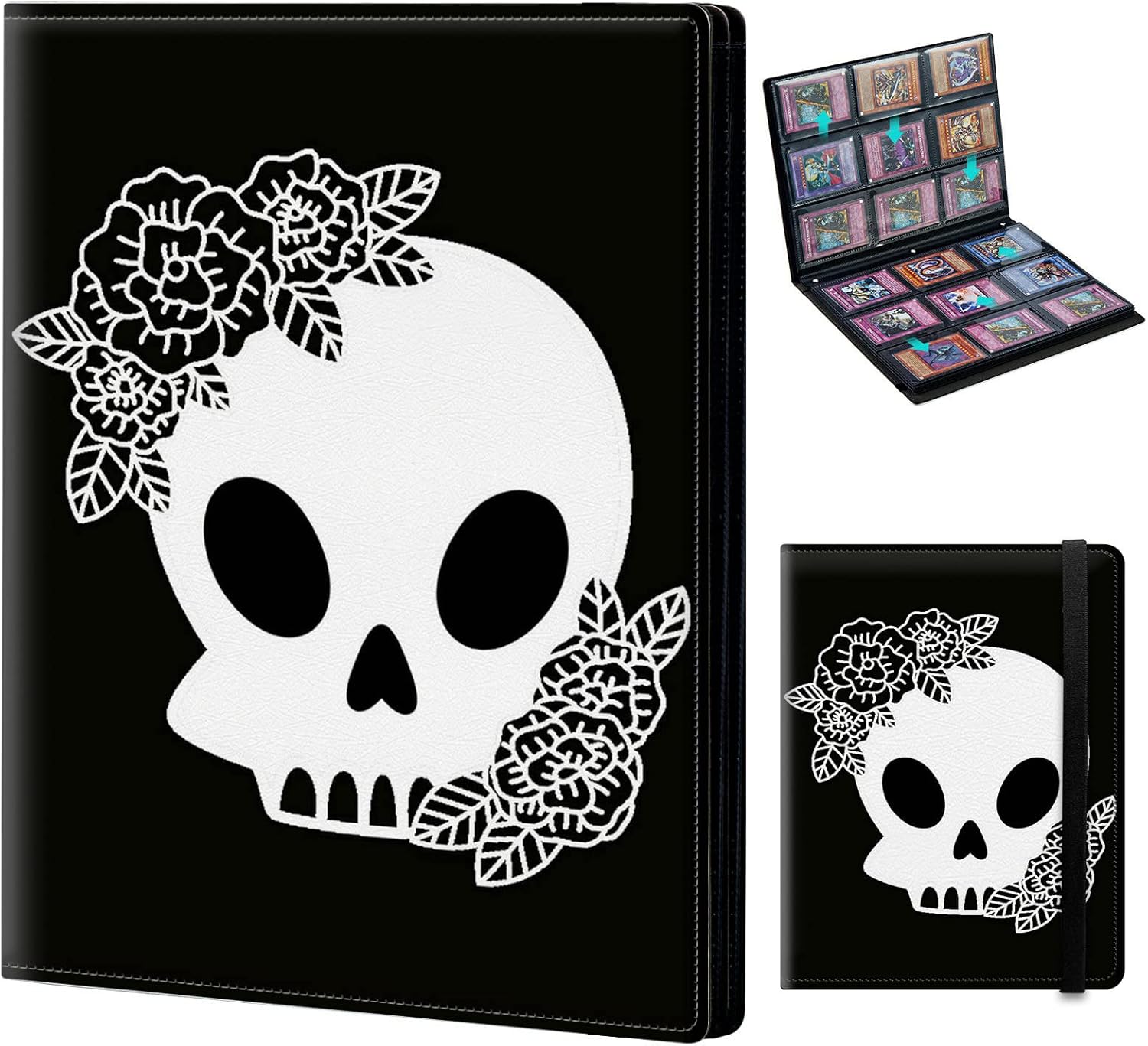 Trading Card Binder 9-pocket Card Holder Binder for Baseball Football Hockey Sport Mtg TCG YUGIOH Card Binder Album 900 Cards Side Load + Elastic Band-Black Skull