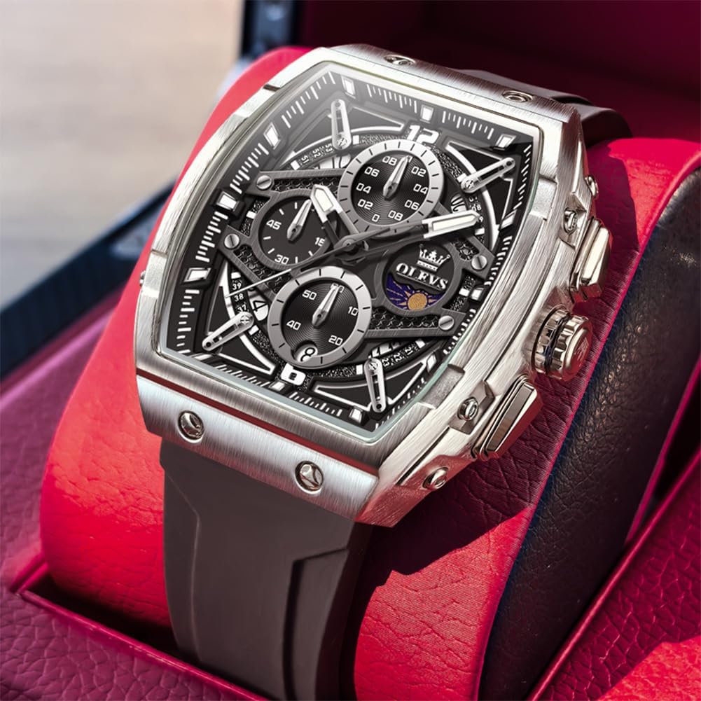 OLEVS Watch Men Casual Luxury Square Large Face Skeleton Multifunctional Chronograph Men's Watches Fashion Silicone Waterproof Mens Watches with Date Moon Phase Analog Wrist Watch Reloj para Hombre
