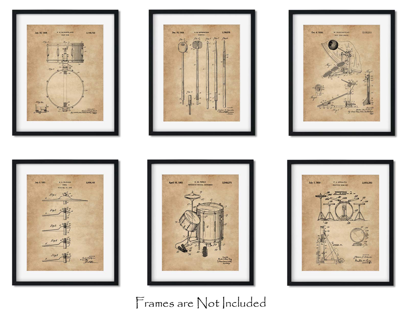 Drummer Gifts for Men Music Wall Decor Set of 6 (8x10) Unframed Drum Patent Wall Art Prints Music Room Studio Decorations Percussionists Teachers Musicians