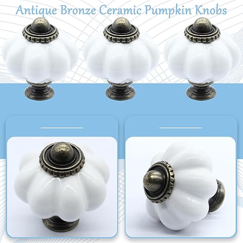 Miniatura 3 de Luomorgo 12 pomos de cerámica blanca, pomos de cajón de calabaza, pomos de cerámica retro para aparador, manijas antiguas para armario de cocina,