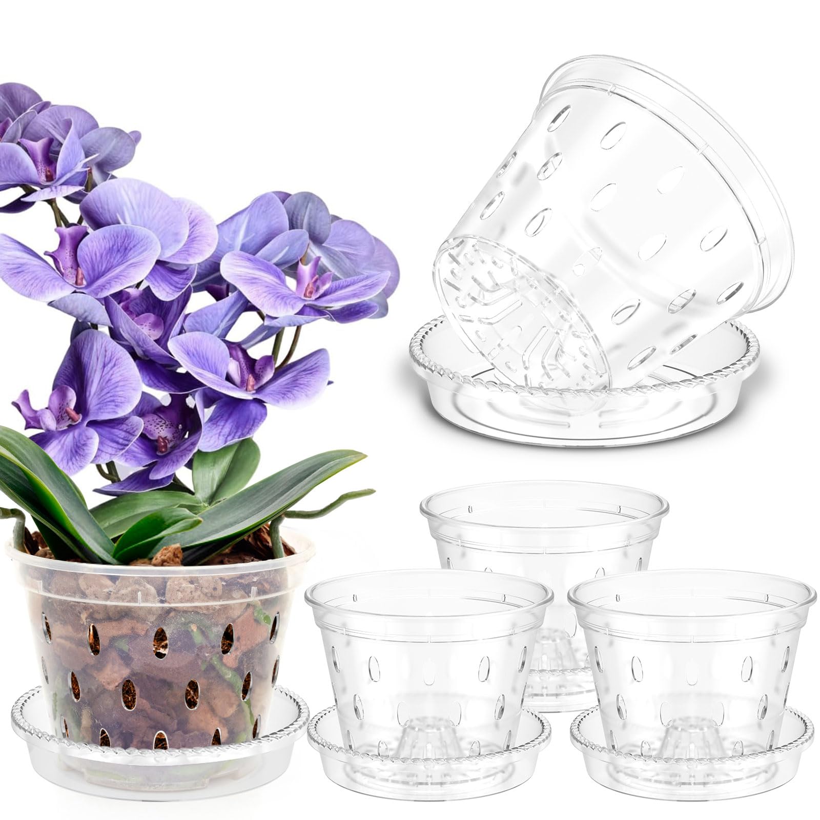 Guijzsltrg 5 Inch 5 Pack Orchid Pots Clear 4/5/6 Inch Plastic Flower Plant Pots With Holes And Saucers House, Nursery Pot For Orchid Repotting Kit, Seed Seedling Pot Breathable For Root Growing (5 Inch)