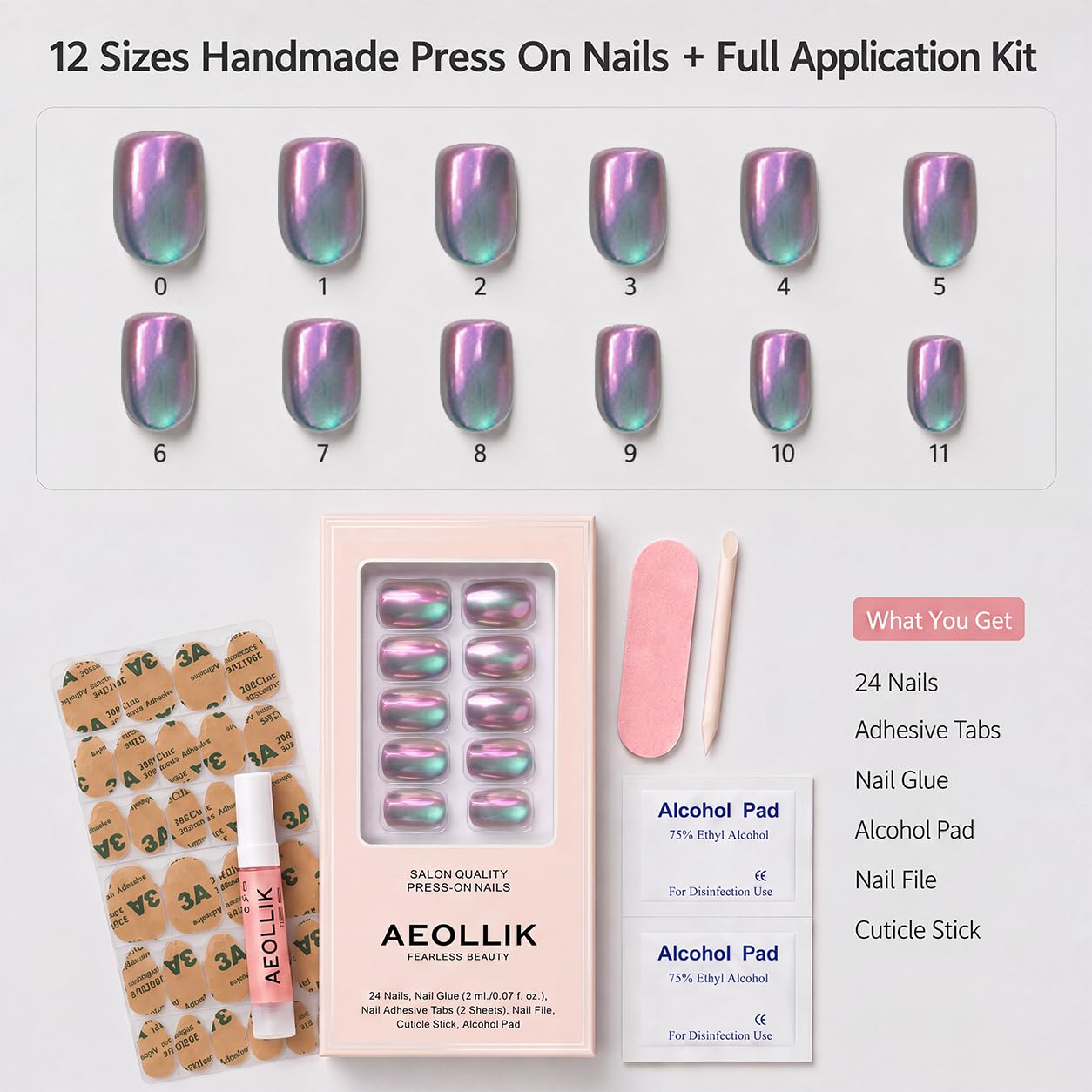 Handmade Short Squoval Press On Nails,Aurora Iridescent Shimmer Fake Nails