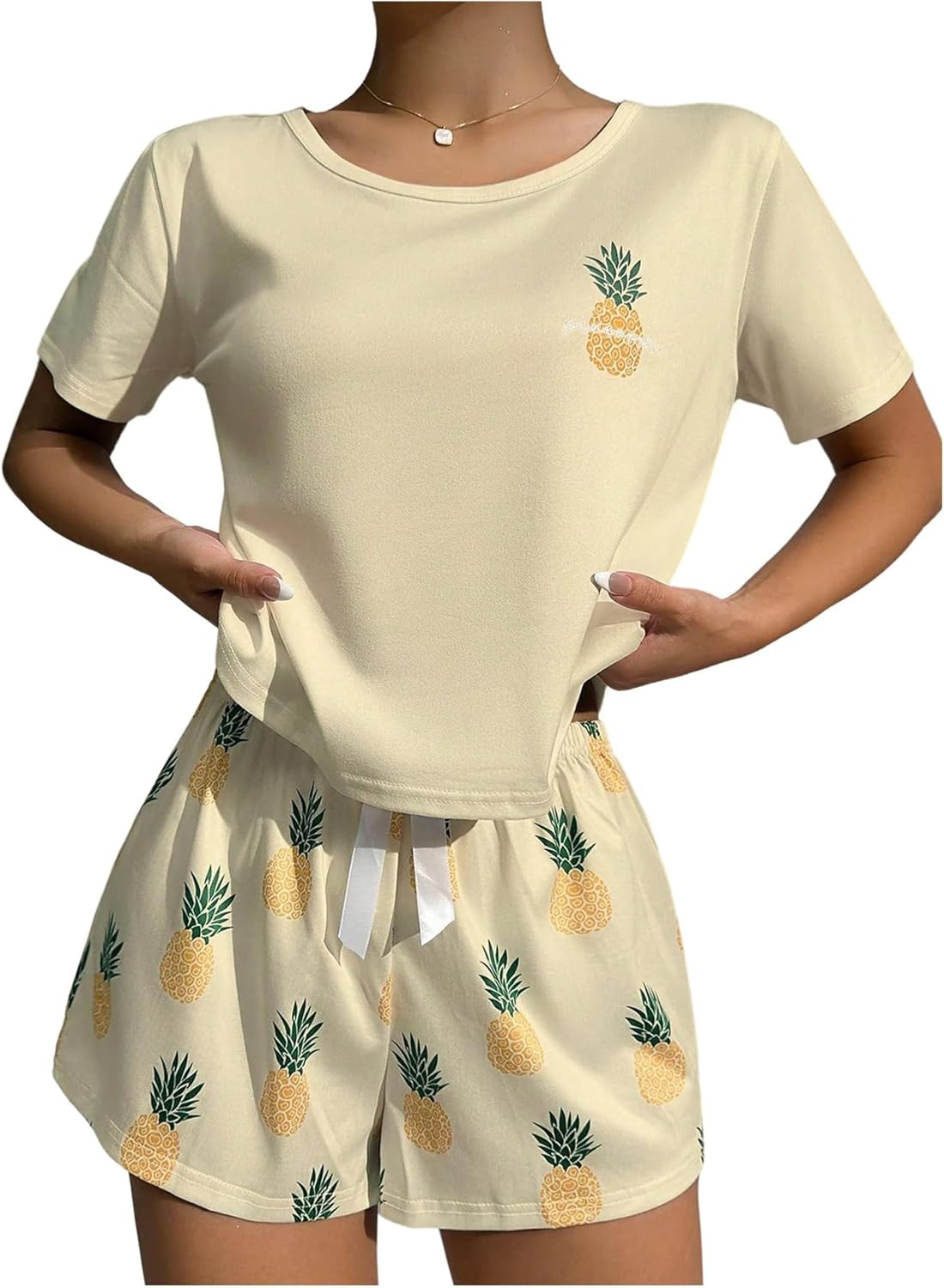 SweatyRocks Women's Graphic 2 Piece Pajama Set Summer Cute Sleepwear Print Tee and Shorts PJ Set