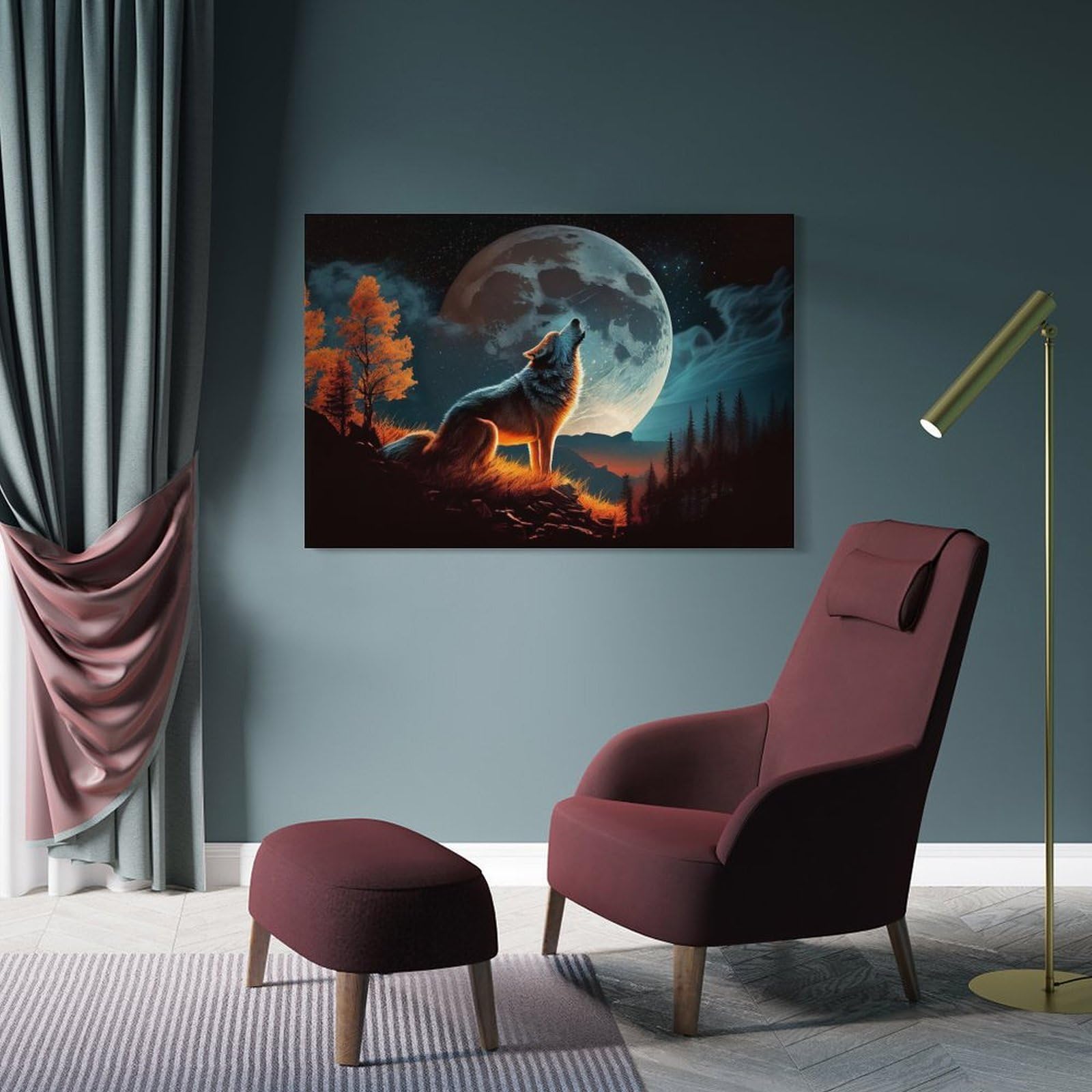 Junmoney Frame-Style-6-1 Wolf Howling At Moon Wall Art Print Wall Picture Print, 20X30inch(50X75cm), For Lounge, Study, Hallway Or Flat Walls, Canvas Wall Art That Fits Changing Layouts