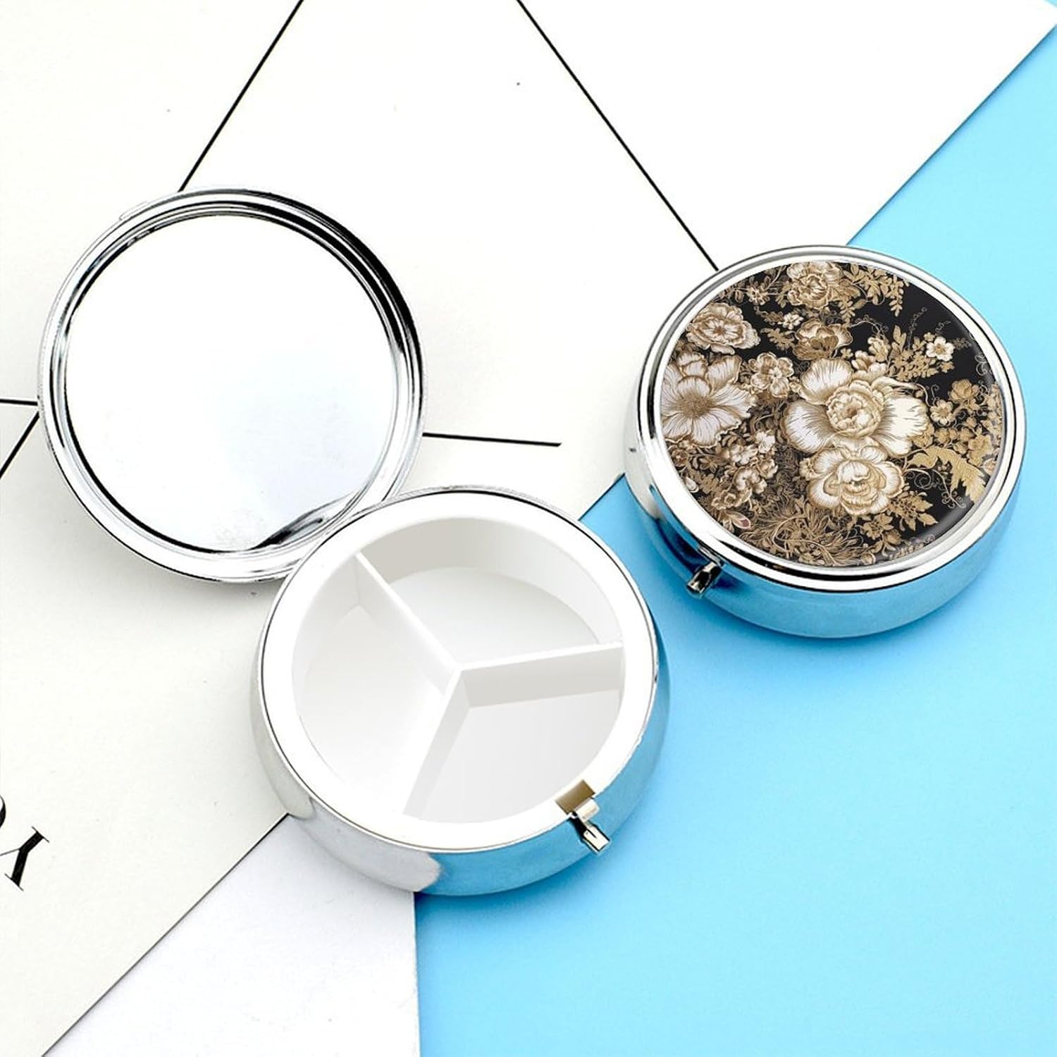 Round Silver Pill Box Small Pill Case for Purse and Pocket 3 Compartment