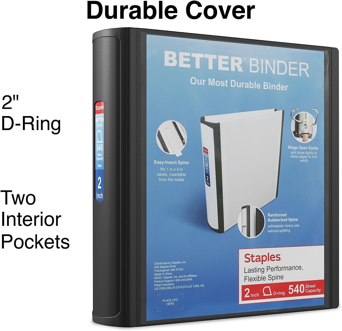 Staples 2-Inch 3-Ring Better Binder, Durable View Binder for Office & School Storage, Black, 2-Pack