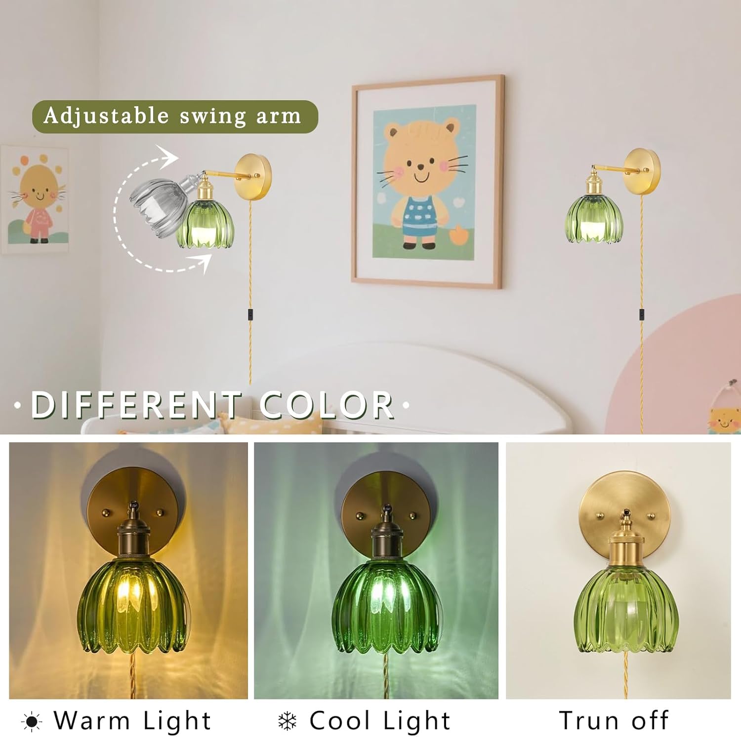 Glass Plug in Wall Sconces Set of 2, Vintage Wall Lamp with Plug in Cord Green Tulip Shade Decor Indoor, Gold Wall Light for Bedroom Bedside Kids Living Room Bathroom