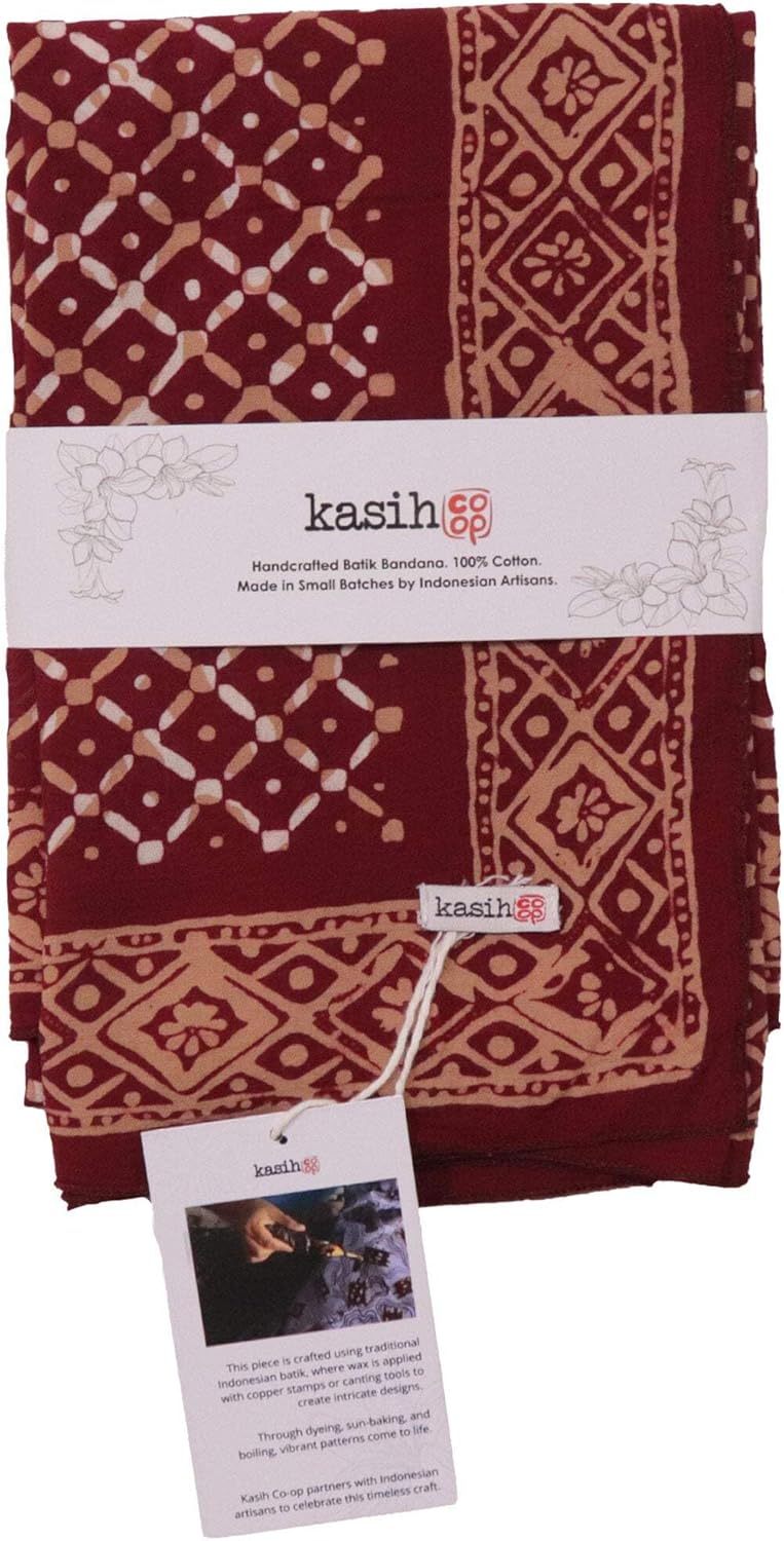 Kasih Co-op Large 39" Hand Dyed Batik Bandana, 100% Soft Cotton, Crimson Cross, Red, Western Wild Rag
