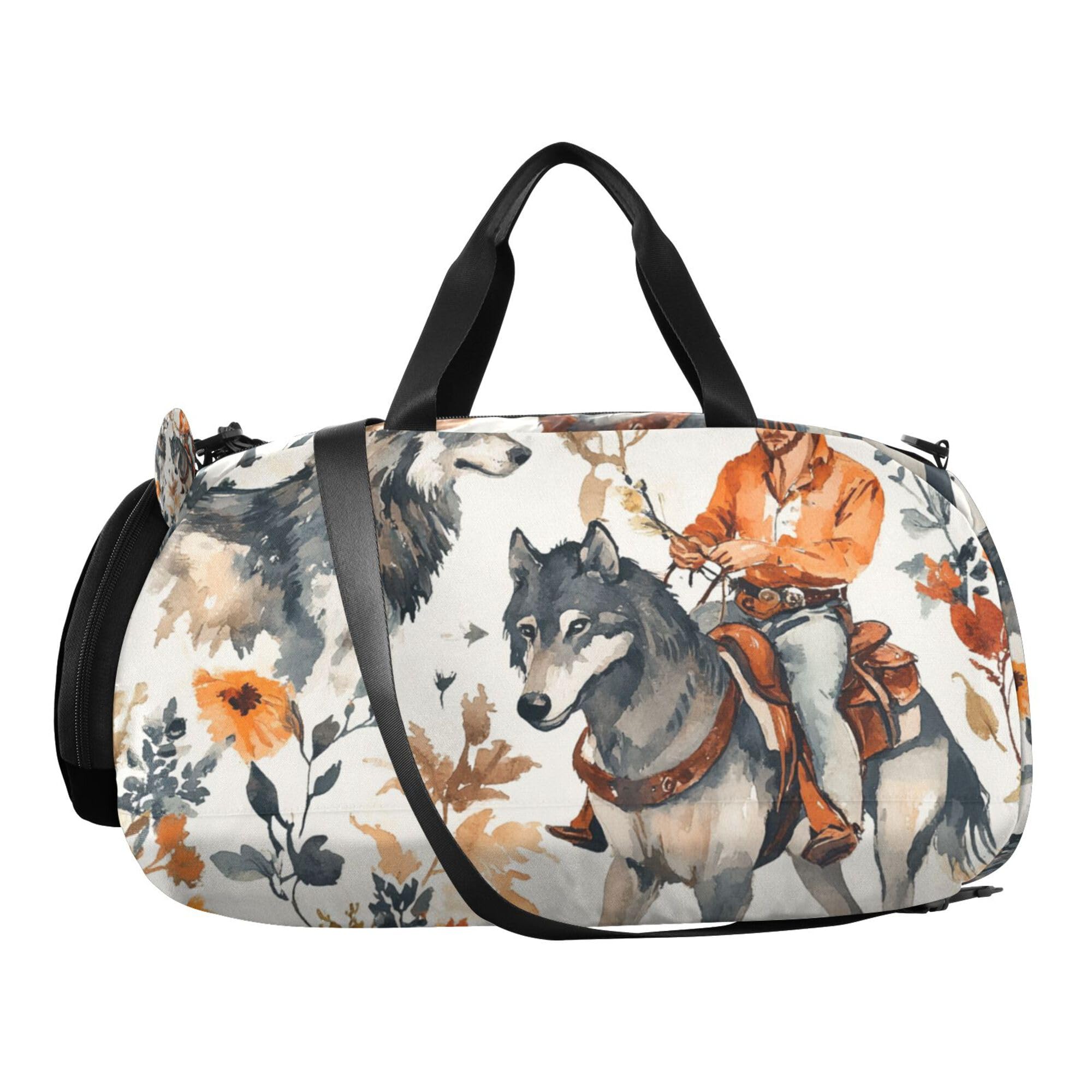 Glaphy Western Cowboys Wolf Duffle Bag for Toddler Boys Girls, Gym Sports Bag with Shoe Compartments, Kids Travel Overnight Weekender Shoulder Bag