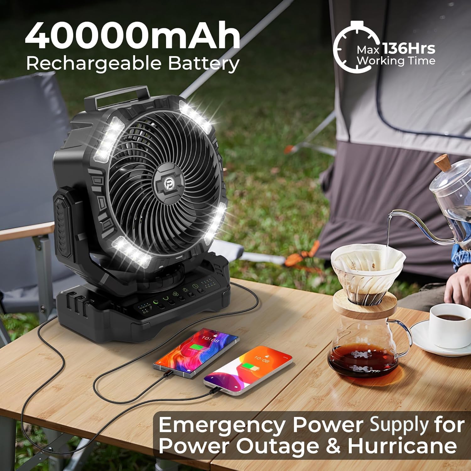 40000mAh Battery Powered Camping Fan - 136H Max Cooling, Rechargeable Battery Operated Oscillating Floor Fan with Charger, Remote & Hook, Portable for Tent Outdoor Patio Garage Hurricane Power Outage