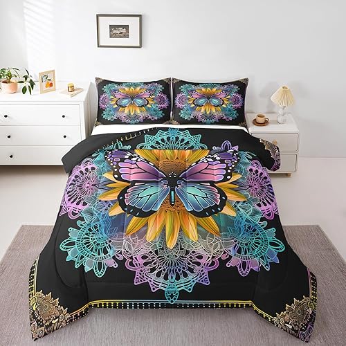 Erosebridal Juego de edredón de mariposa para niñas, ropa de cama de mandala morada, juego de edredones y juegos de edredones y juegos de edredones