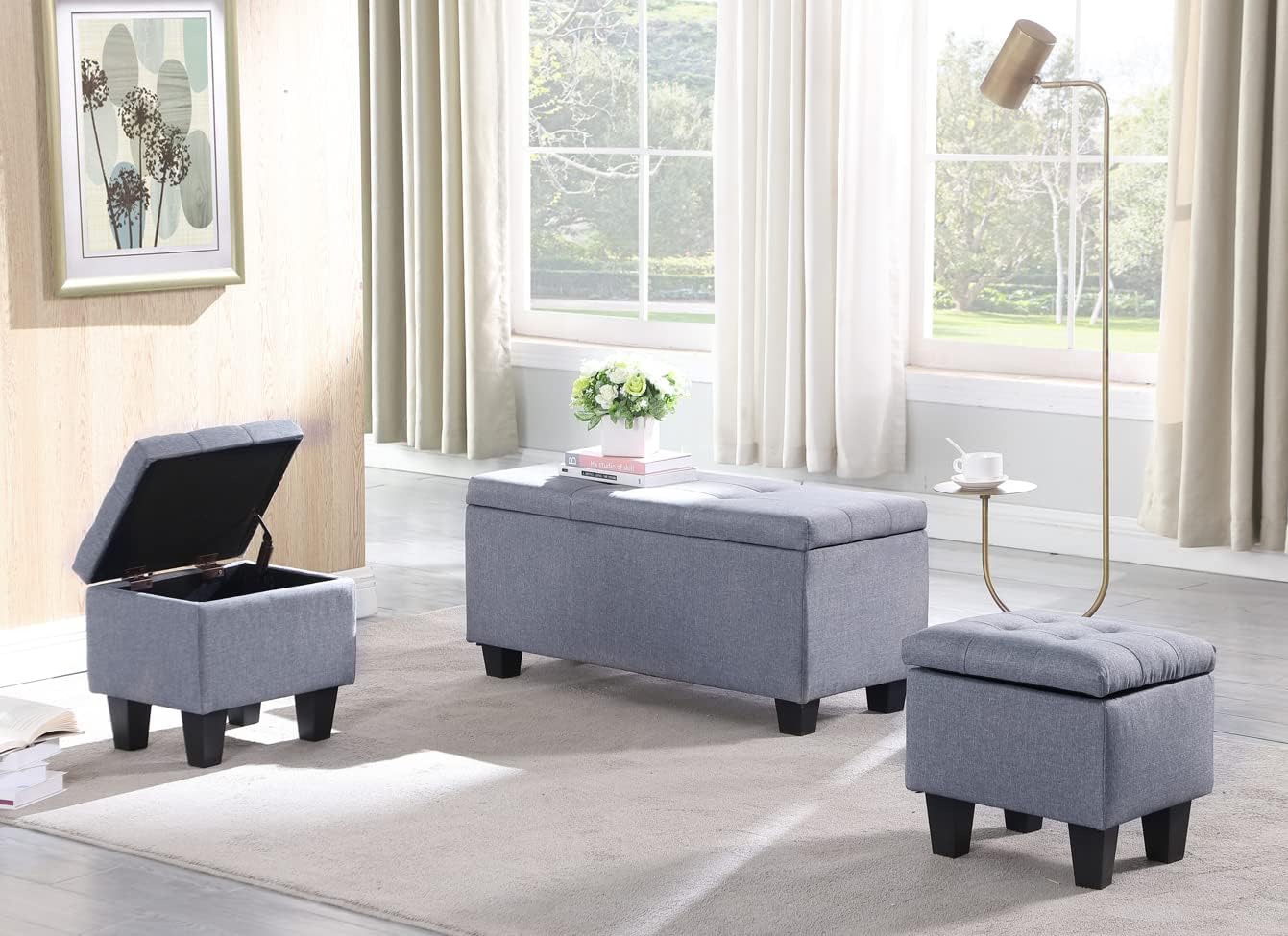 Polibi Large Storage Ottomans Bench Set, 3 in 1 Combination Ottomans, Tufted Ottomans Linen Bench for Living Room, Perfect End of Bed Storage Bench and Ottomans with Storage for Bedroom,Gray