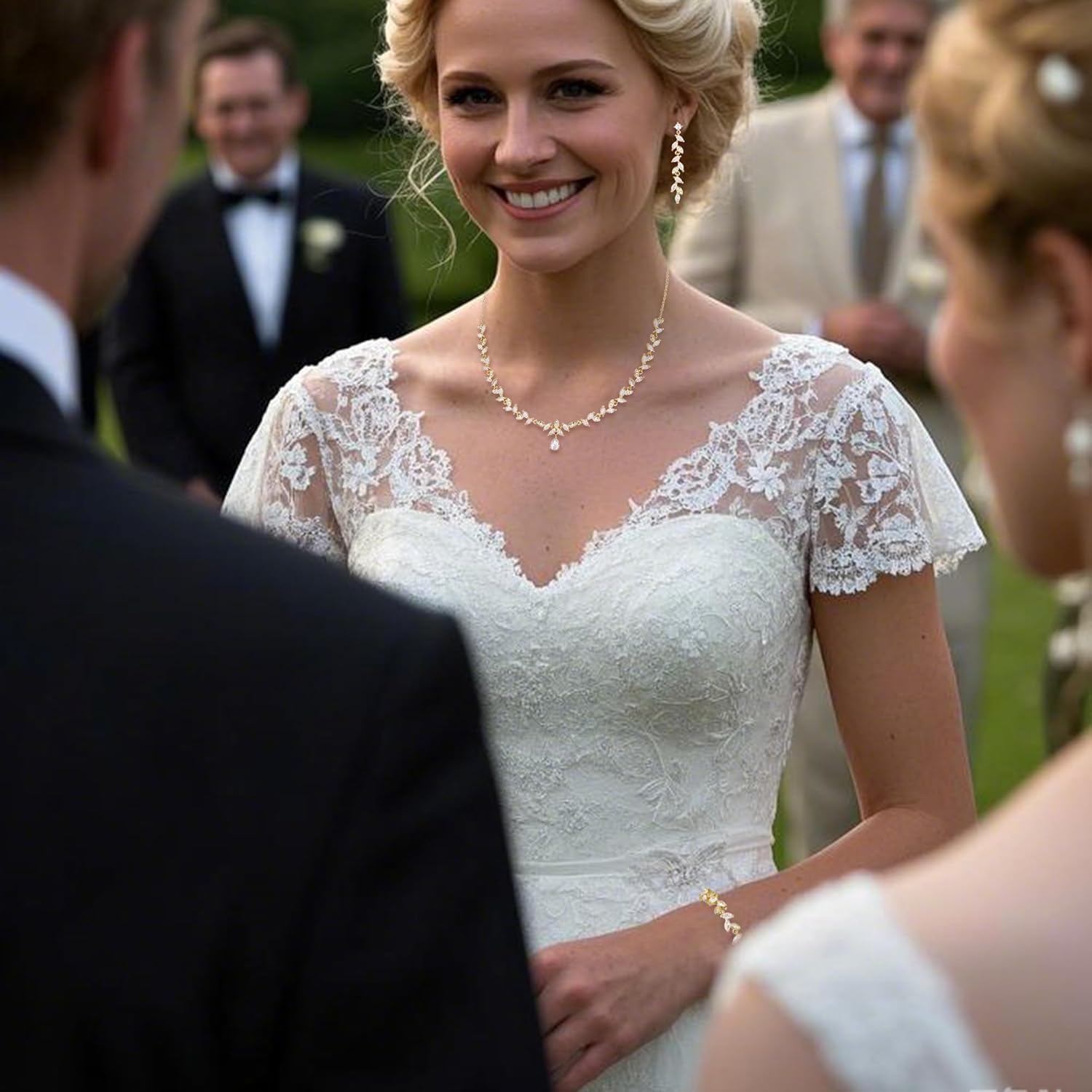 BriLove Wedding Bridal Jewelry for Women Cubic Zirconia Marquise Teardrop Leaf Cluster Y-Necklace Dangle Earrings Link Bracelet Set - Image 2