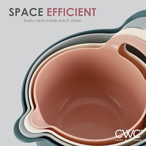 Vista 60 de COOK WITH COLOR Nesting - Juego de cuencos de plástico para mezclar con boquillas y asas, color rosa, 4 piezas antideslizantes