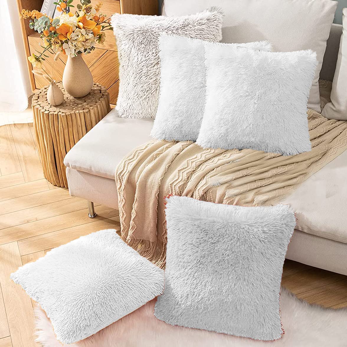 PICKKART Faux Fur Throw Pillow Covers,Set Of 5 - 250 TC Soft Cushion Cases - Fuzzy Fluffy Cozy For Sofa Bed Decor Couch Bedroom Without Insert 16X 16 Inches/ 40 X 40 Cm (White)-image-43