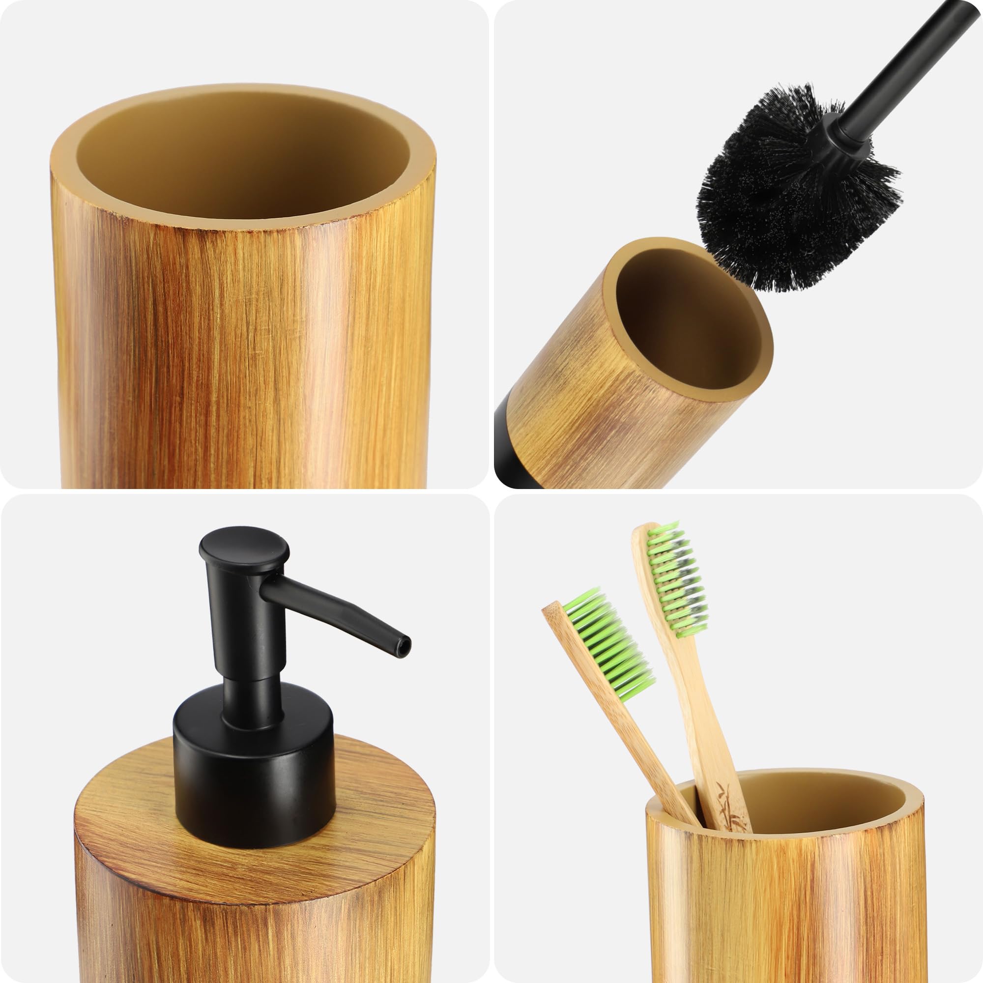 KADAX Juego de baño, dispensador de jabón, vaso para cepillos de dientes y escobilla de inodoro, accesorios de baño de polirresina resistente, imitación de madera