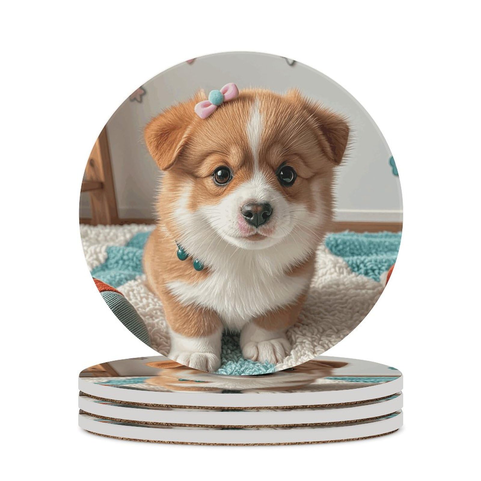 Dessous de verre ronds kawaii puppy en céramique avec support lot de 4