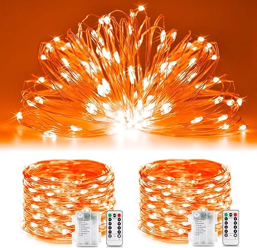 JMEXSUSS Paquete de 2 luces naranjas de hadas de Halloween, 33 pies, 100 luces LED de Halloween con control remoto, 8 modos de luces parpadeantes