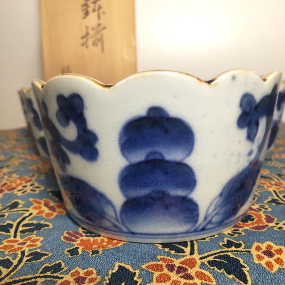 有田焼 福泉窯 染付 果実 小鉢 輪花 5個 木箱付