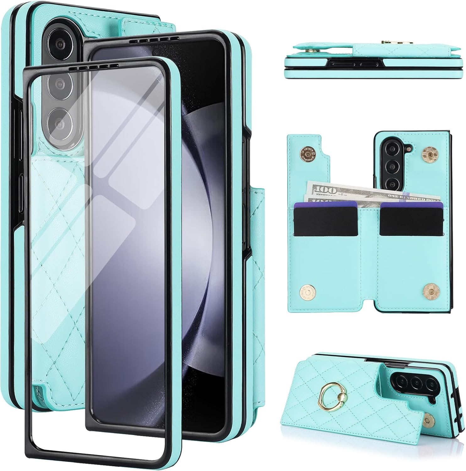 for Samsung Galaxy Z Fold 5 Wallet Case with Ring, 4 Card Slots & Cash Clip - Magnetic Clasp Closure, Front Tempered Glass Screen Protector & Reinforced Frame Protective Cover.(Green)