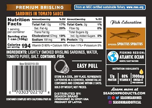 Miniatura 2 de Season Brisling - Sardinas en salsa de tomate  capturadas en la naturaleza, 0.77 onzas de proteína, bocadillos keto, más Omega 3 que atún, Kosher,
