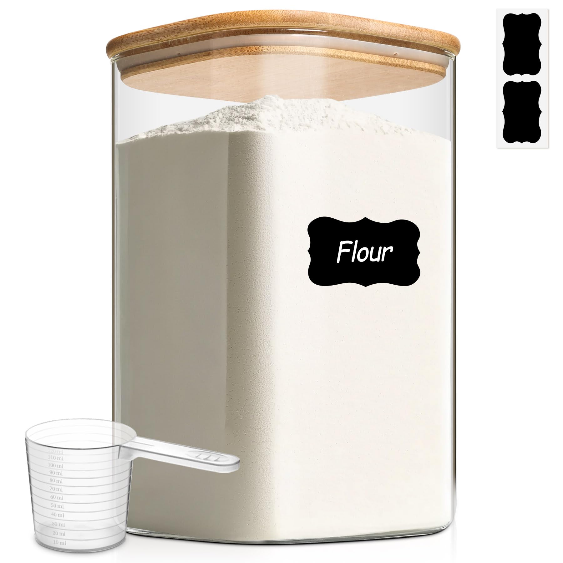ComSaf 4.6Qt Glass Food Storage Containers, 1.2 Gallon Glass Flour and Sugar Containers with Airtight Lids, Large Square Jars with Bamboo Lids for Rice, Pasta, Oats, Grains, Cookies, Coffee Beans