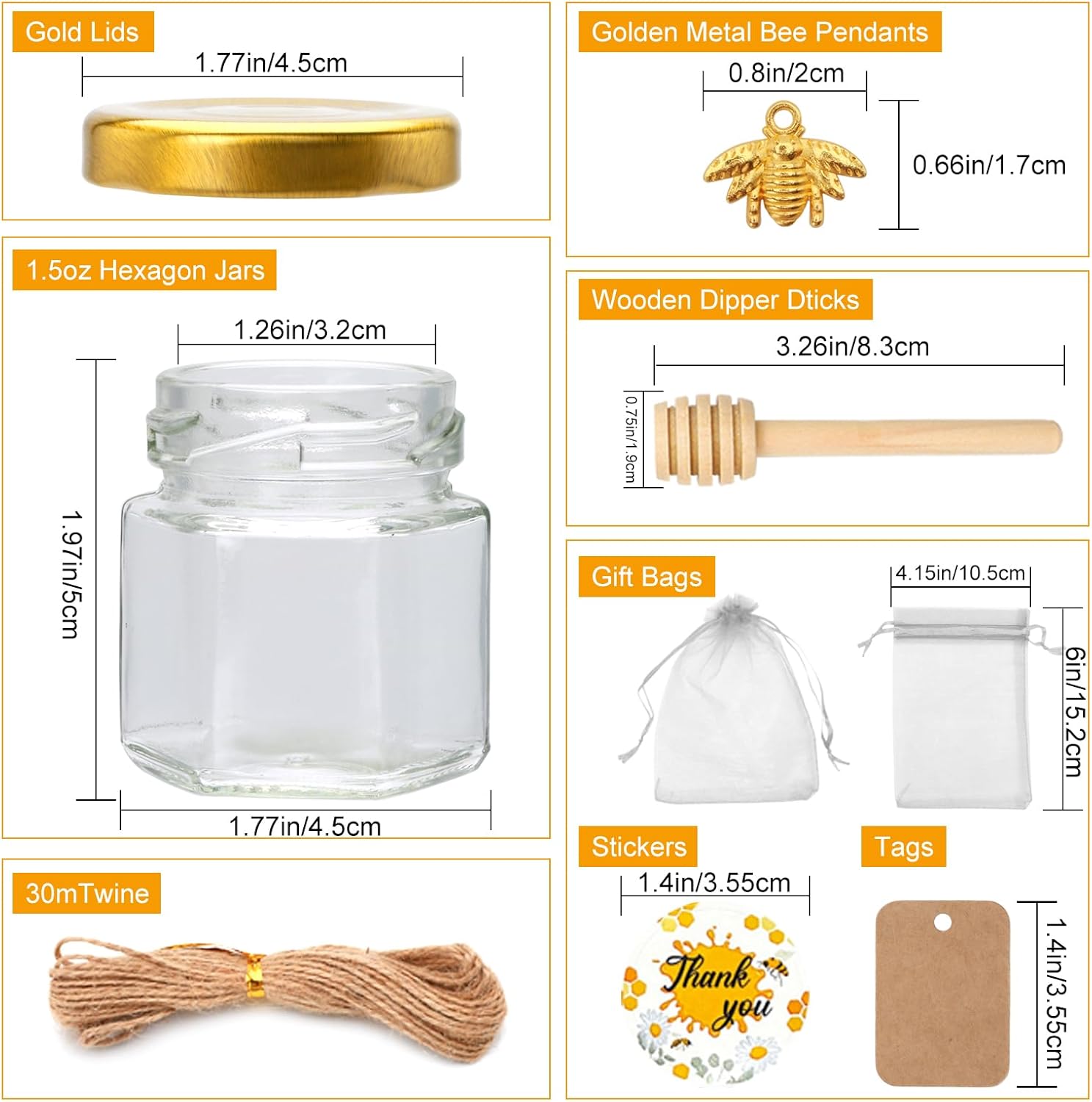 60 pack 1.5 oz Mini Honey Jars，baby shower favors,There's honey sticks, bee pendants, stickers and gold goodie bags，Suitable for wedding party gifts