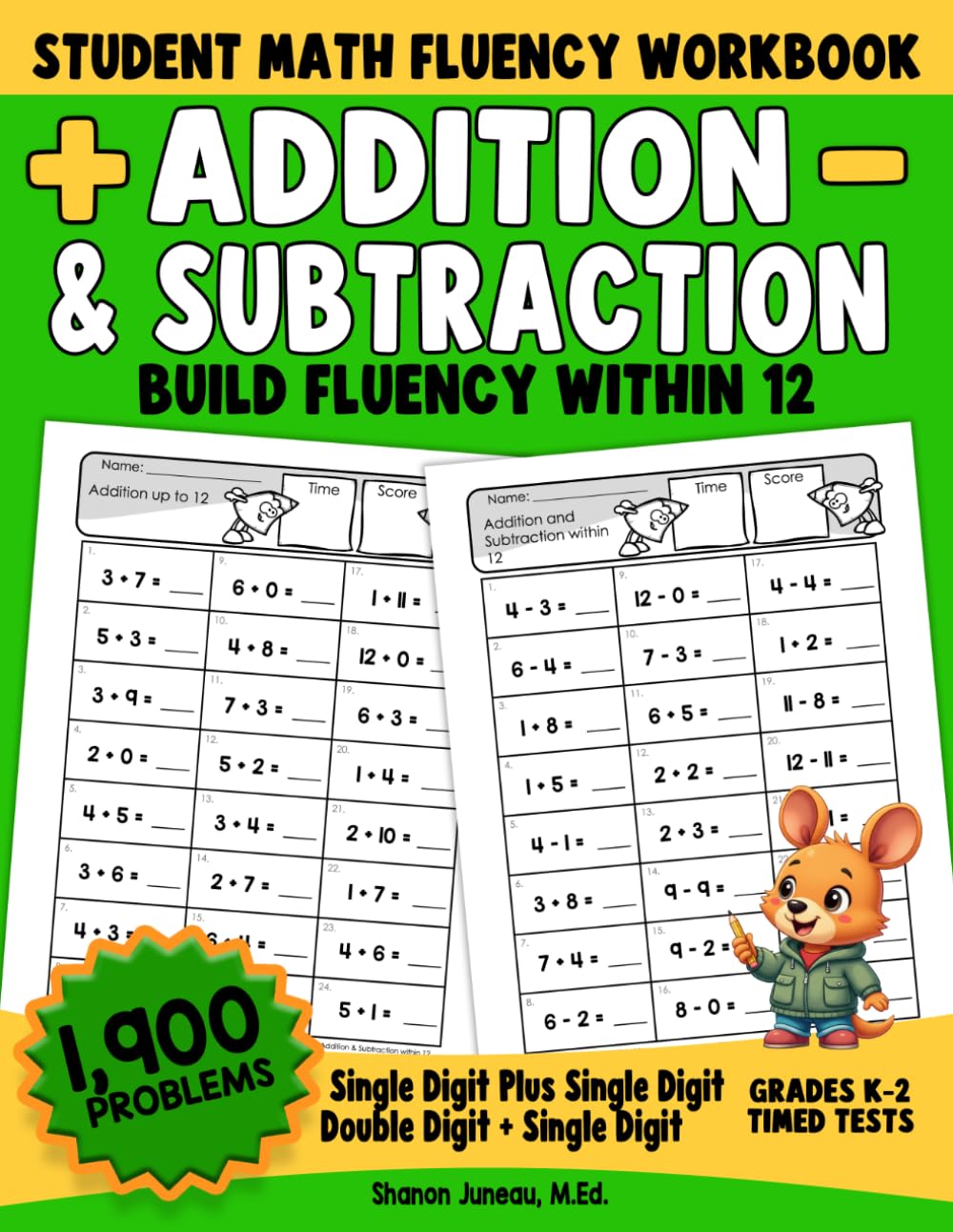 Addition & Subtraction within 12: Math Fluency Workbook, Grades K-2, Timed Tests, Single Digit Plus Single Digit and...