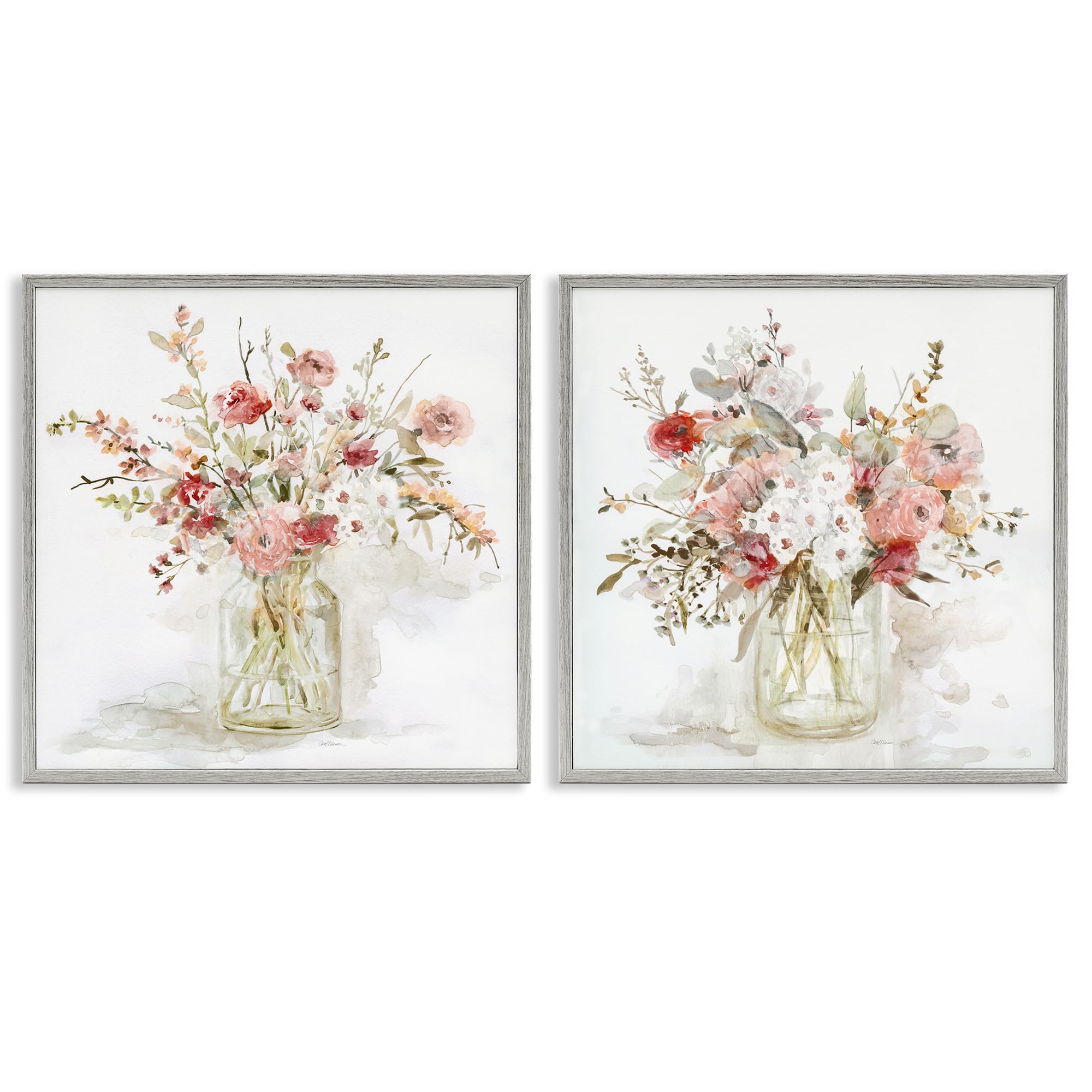 'Delicate Watercolor Bouquets in Glass'| 2pc Framed Giclee Art Set 2